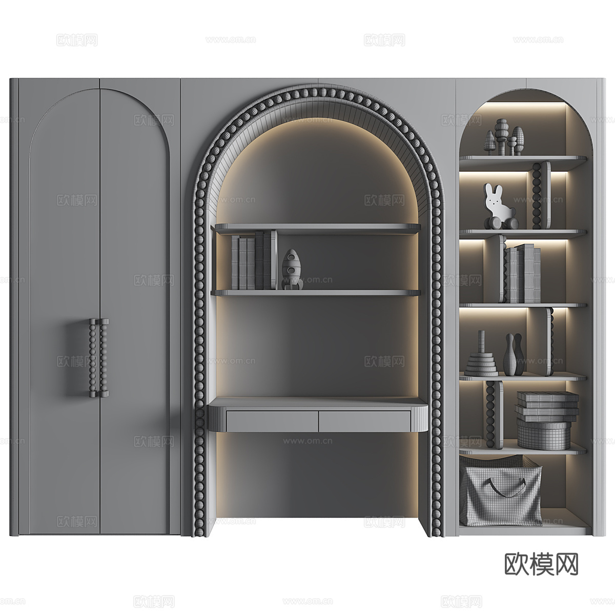 现代意式奶油风儿童衣柜 儿童书柜3d模型