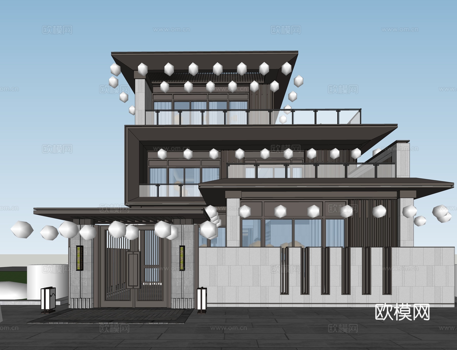 新中式独栋别墅 平顶 自建房su模型