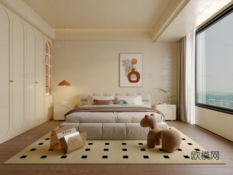 現(xiàn)代奶油風(fēng)臥室3d模型下載(渲染圖1)