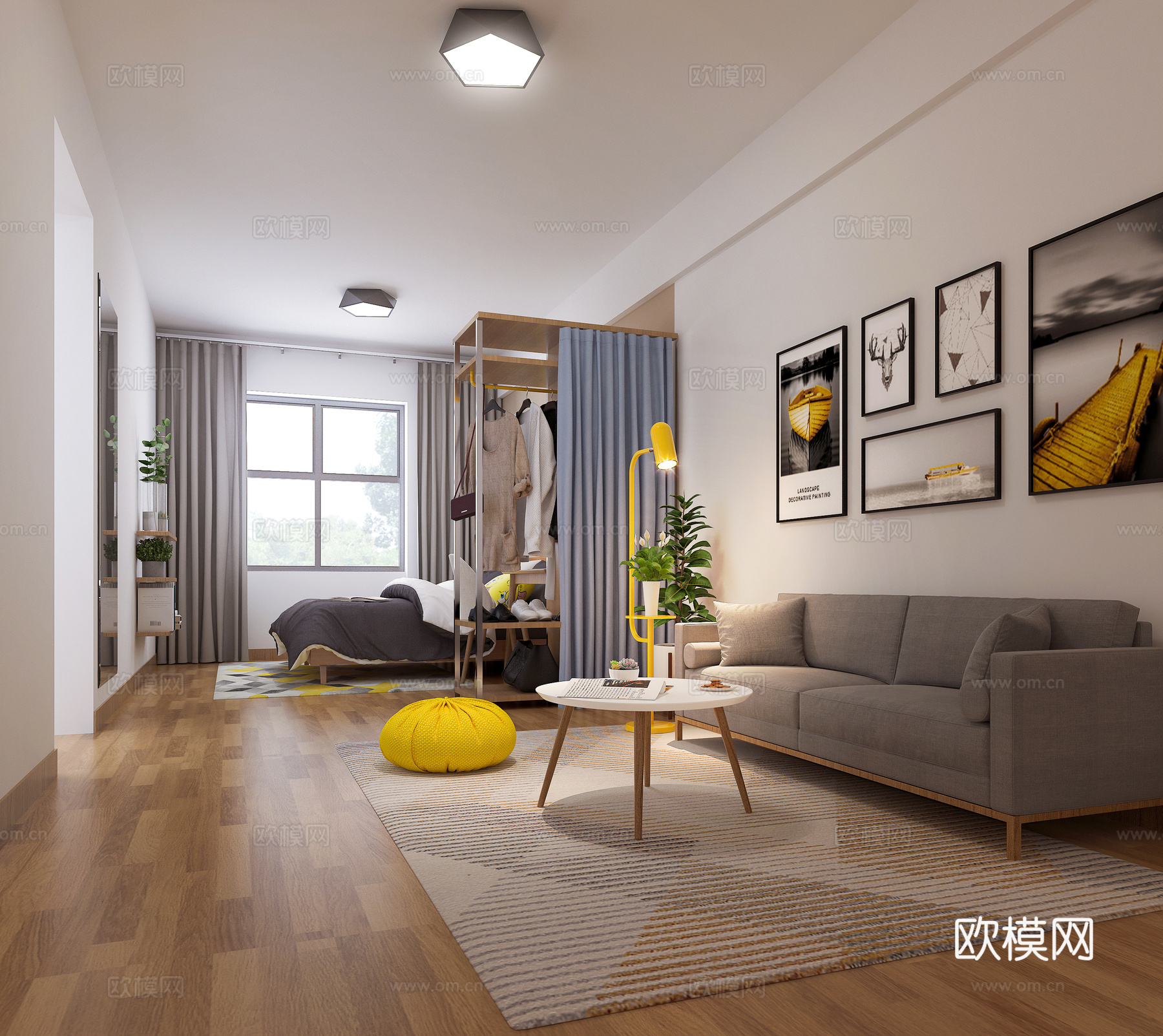 现代公寓 loft衣架 落地灯 台灯 吸顶灯 盆栽 书桌3d模型