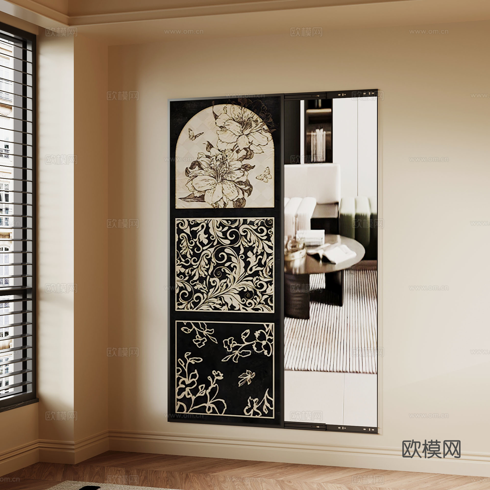 镜子 法式复古镜子 隐藏式全身镜 推拉全身镜3d模型