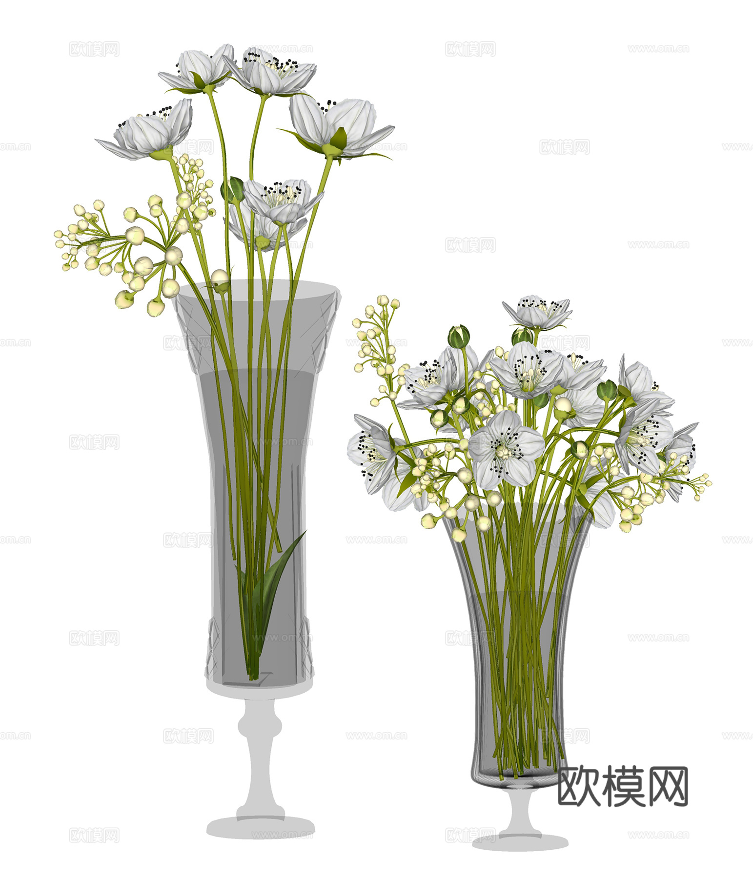 现代花瓶花卉 玻璃花瓶插花 花卉组合su模型
