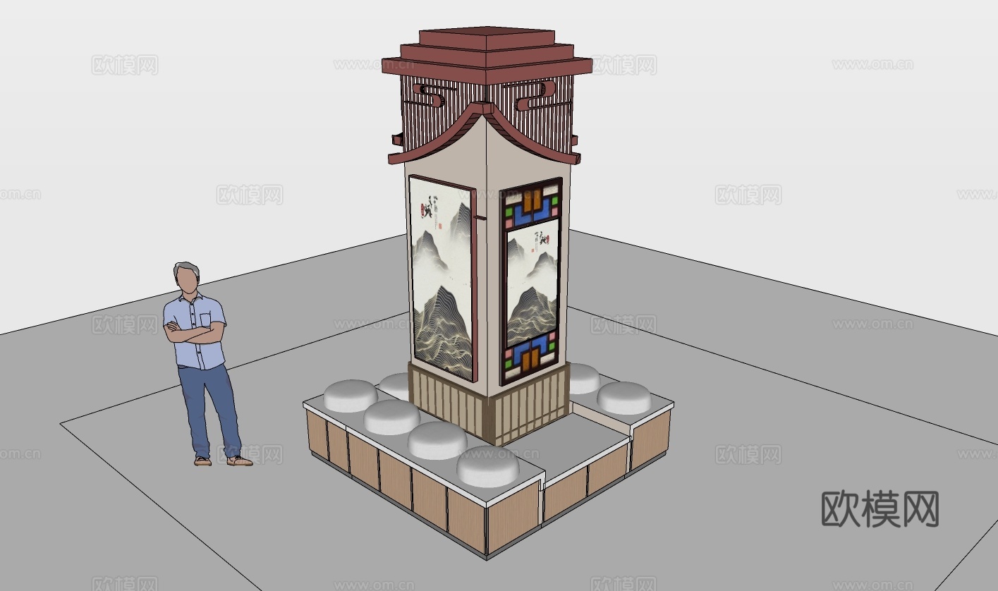 新中式围墙卡座休息区su模型