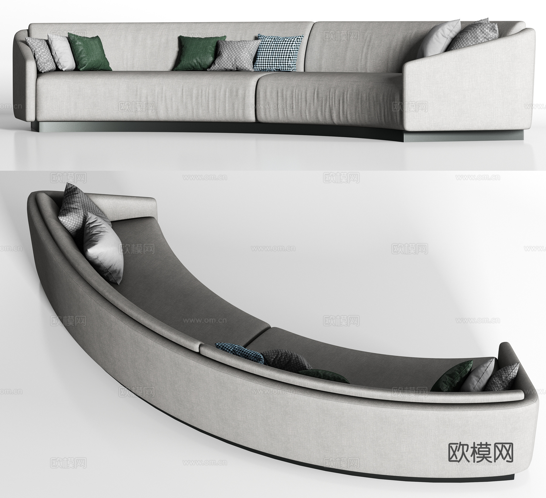 现代弧形灰色布艺多人沙发 枕头3d模型