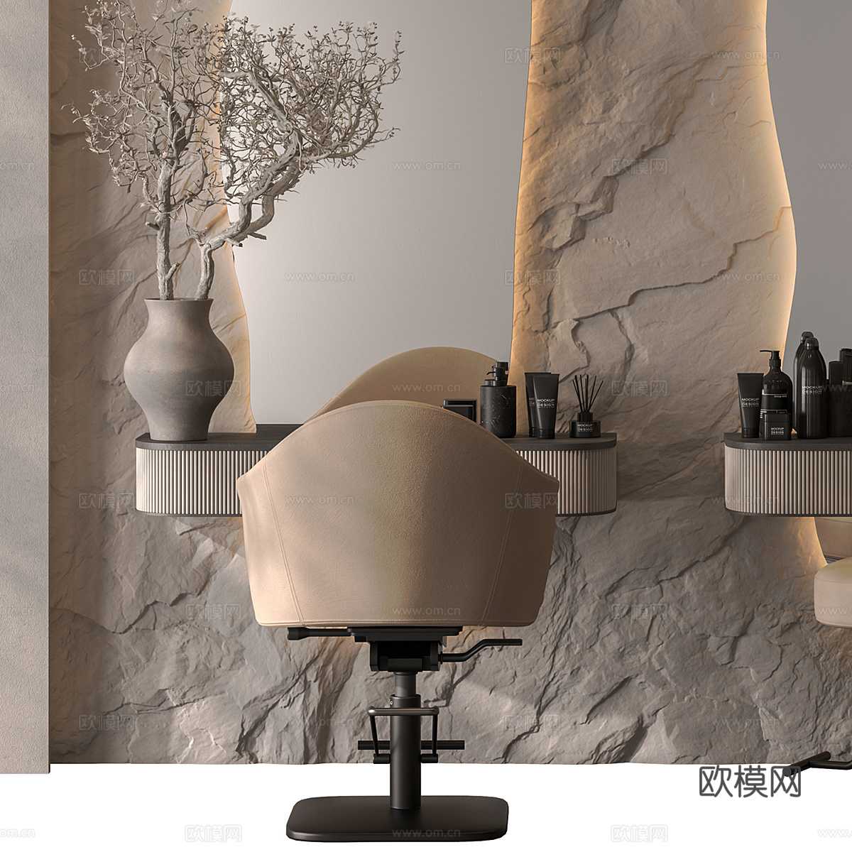 现代侘寂理发店 美发椅3d模型