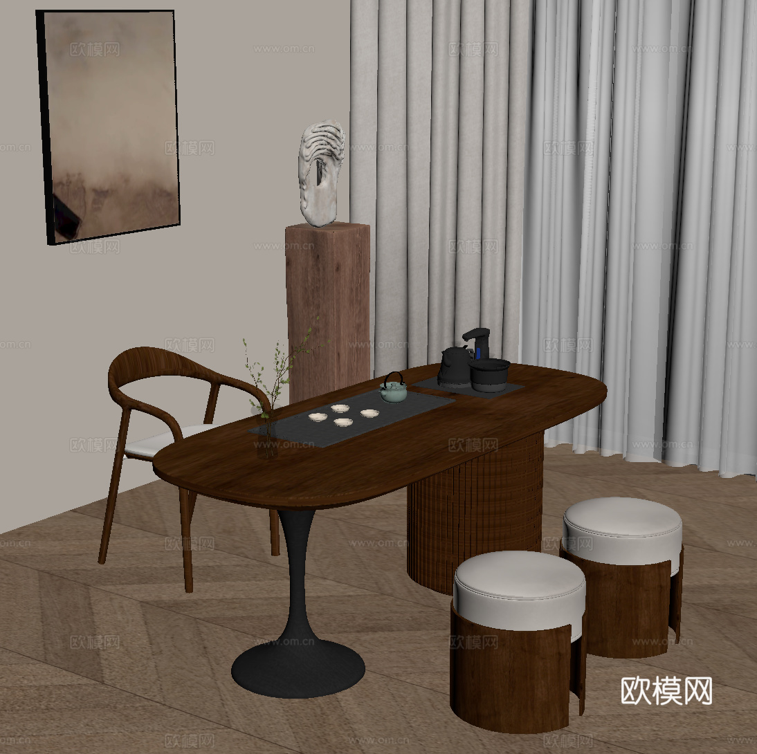 中古风茶桌椅 小茶台su模型