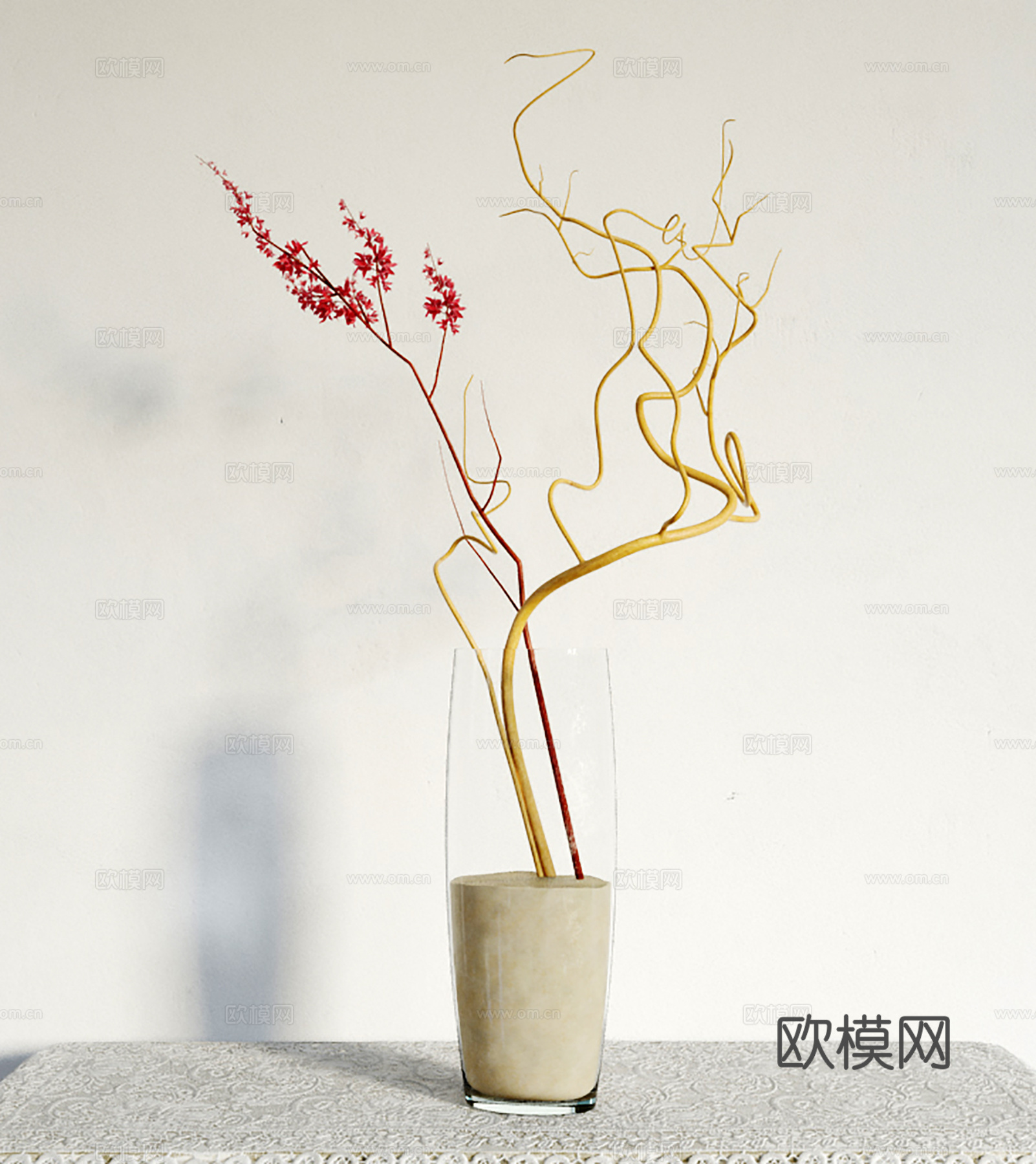 现代花瓶花卉 玻璃花瓶枯枝su模型