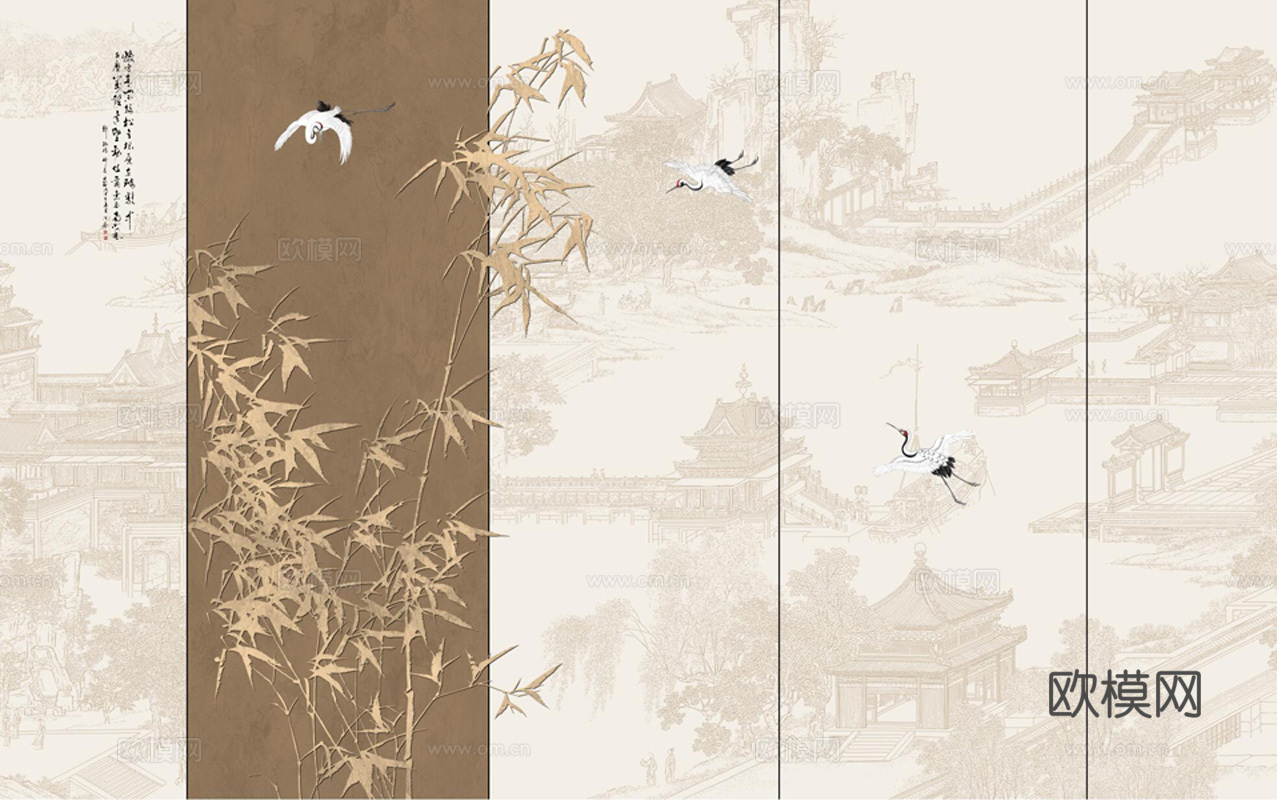 新中式壁纸_竹林仙鹤园林楼阁贴图