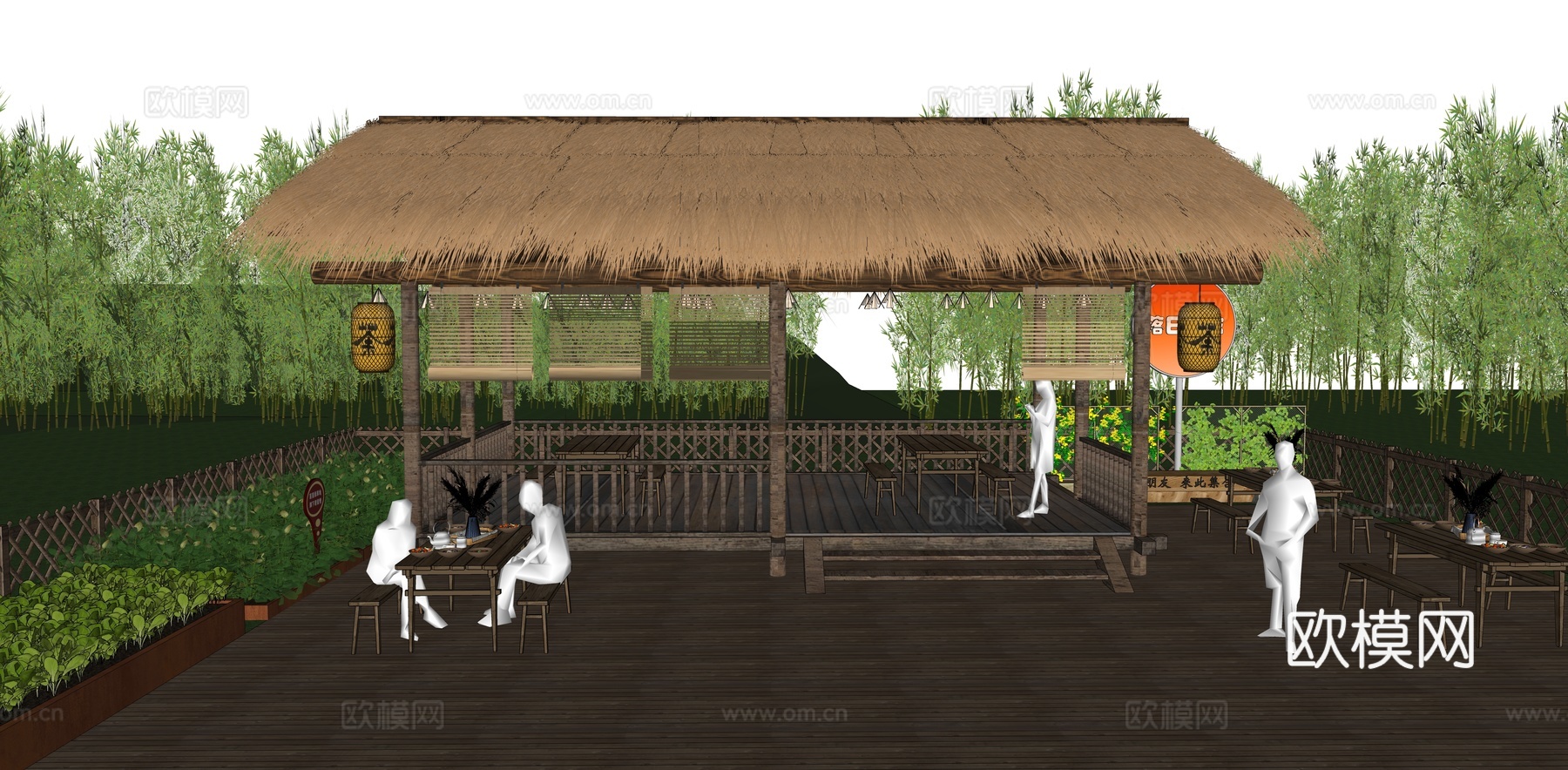 新中式竹林乡村茶馆外摆 围炉煮茶公园 户外茶台 茅草亭 乡村su模型