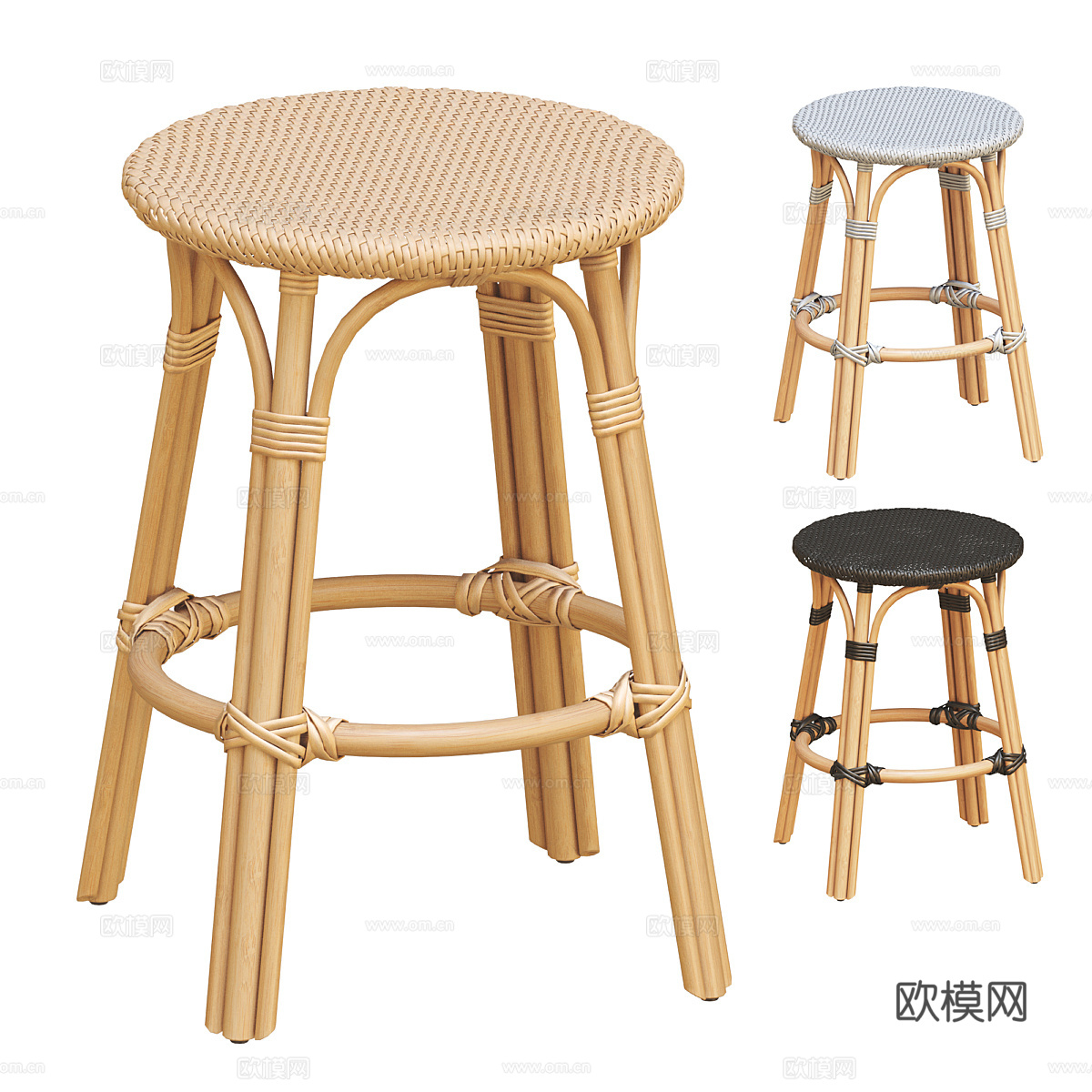 新中式藤编木质吧台椅3d模型