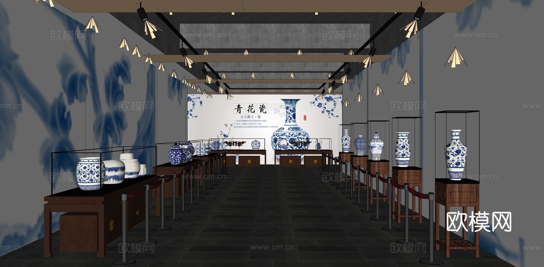 新中式青花瓷博物馆 陶瓷展厅 瓷器展览馆 古董店 古董收藏室su模型