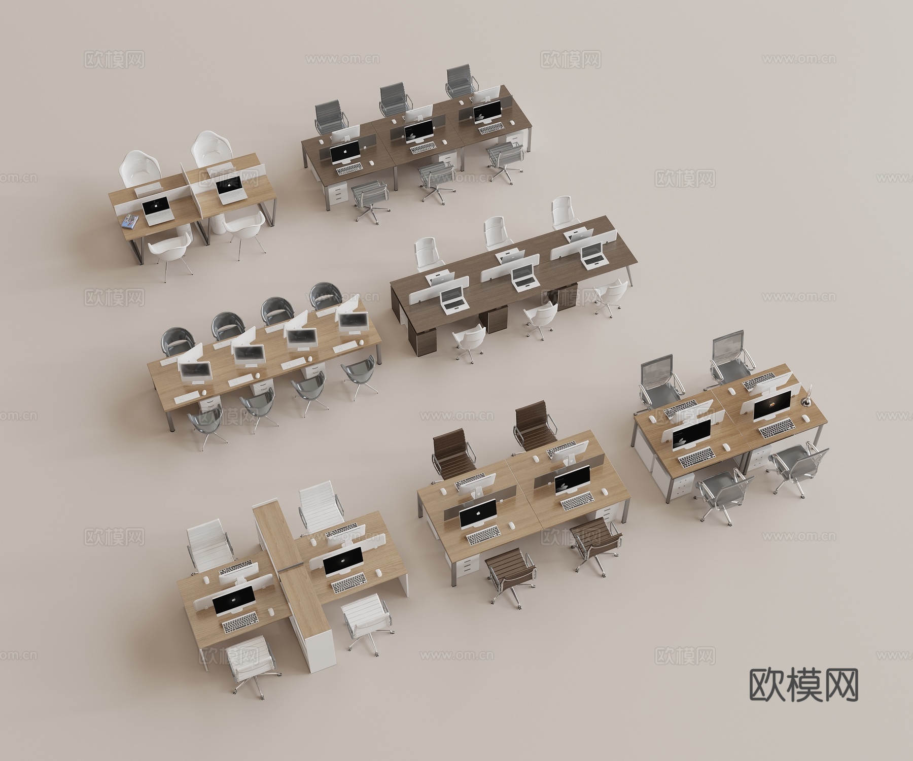 现代办公桌椅组合 多人办公桌 实木办公桌 休闲办公椅 皮质办3d模型