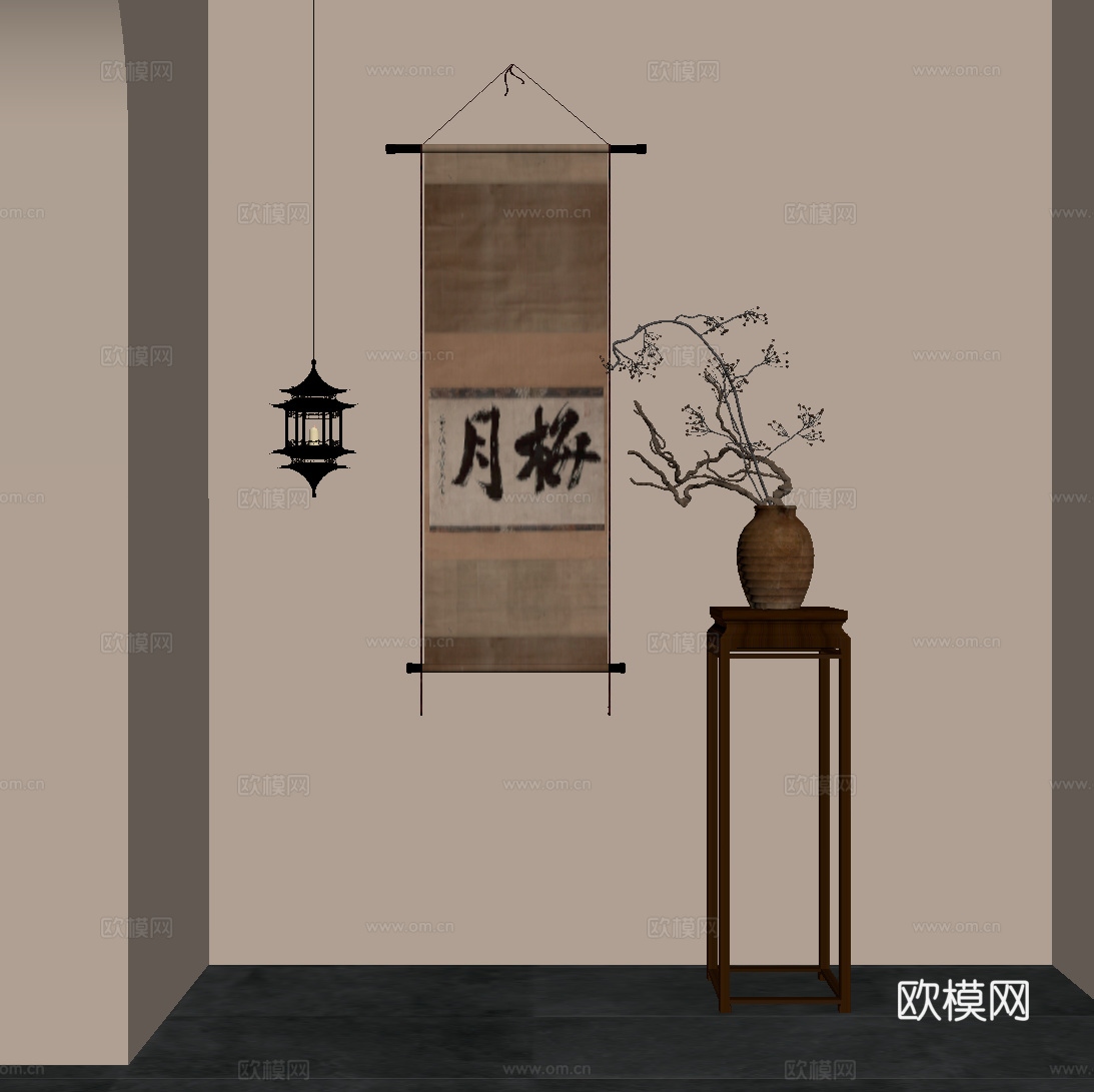 新中式花架 盆景 挂画 吊灯su模型