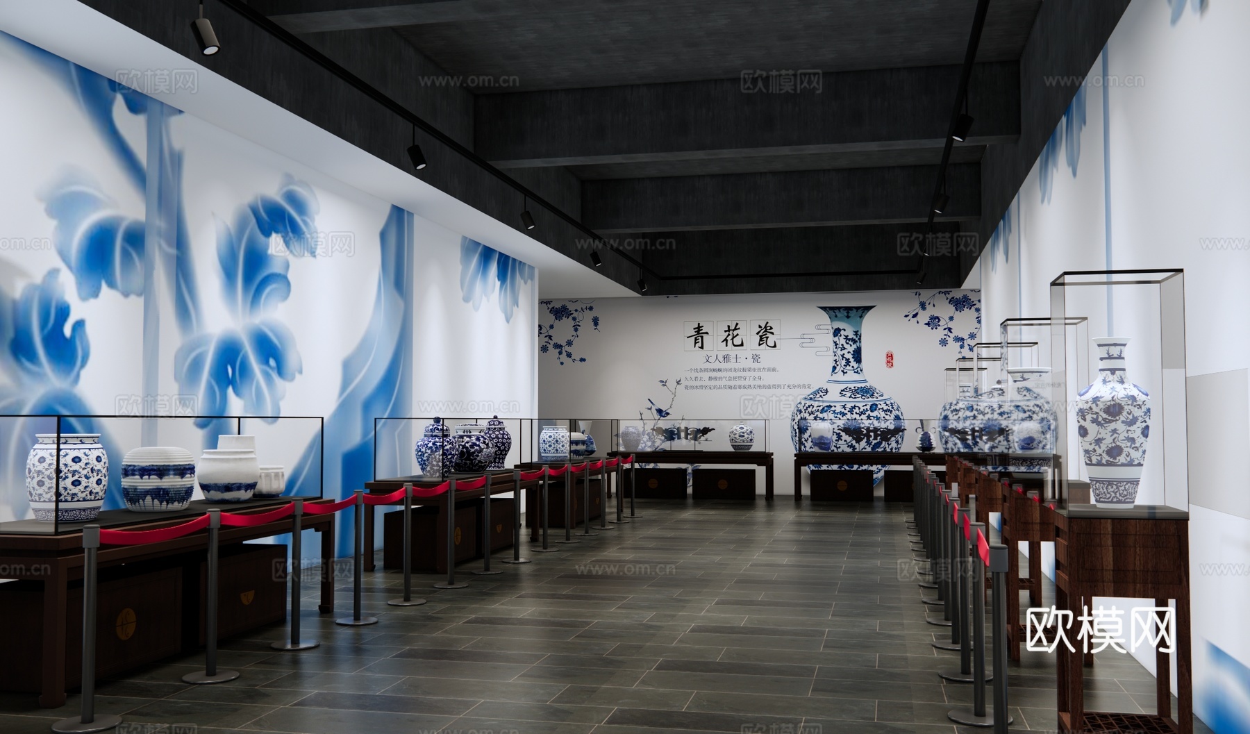 新中式青花瓷博物馆 陶瓷展厅 瓷器展览馆 古董店 古董收藏室su模型