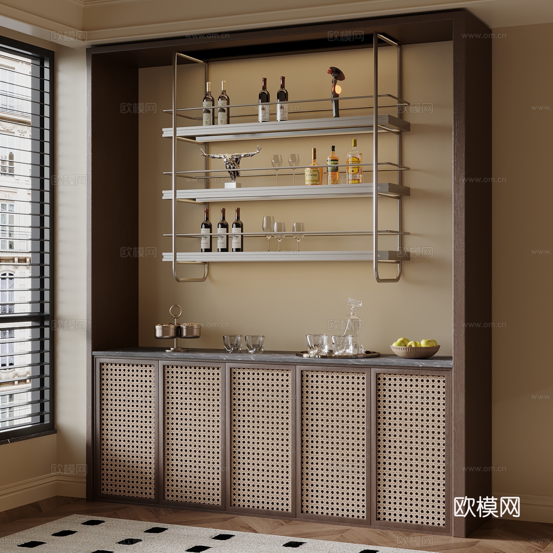 中古风酒柜 餐边柜 酒架su模型