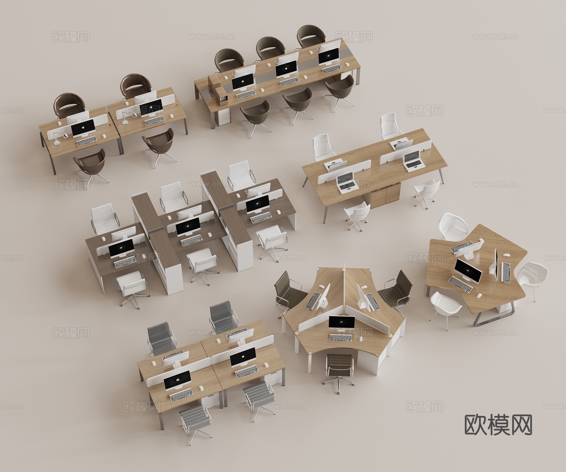 现代办公桌椅组合 多人办公桌 实木办公桌 休闲办公椅 皮质办3d模型