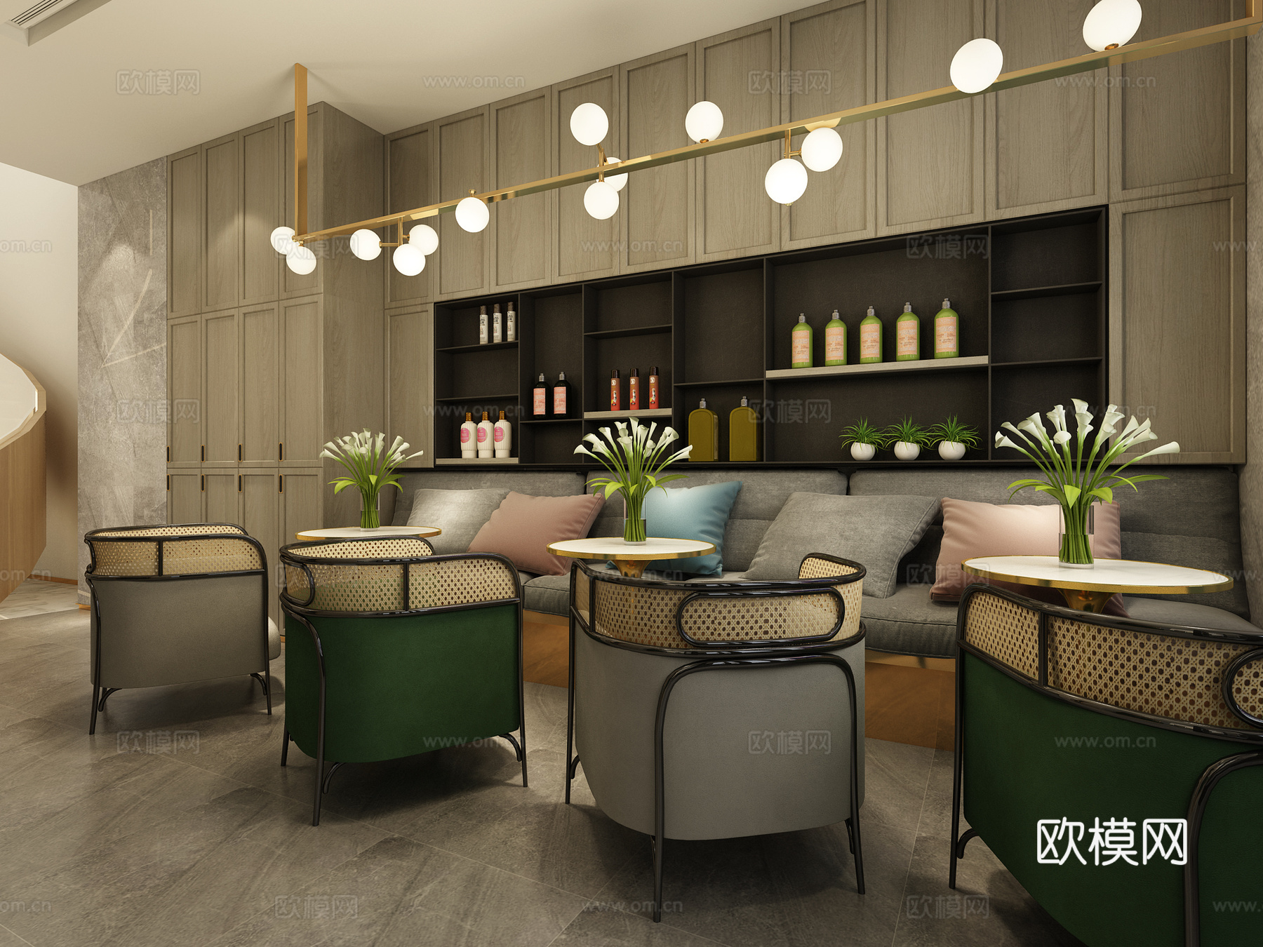 现代理发店 前台 镜子 座椅 金属玄关柜 夹丝玻璃 魔豆3d模型