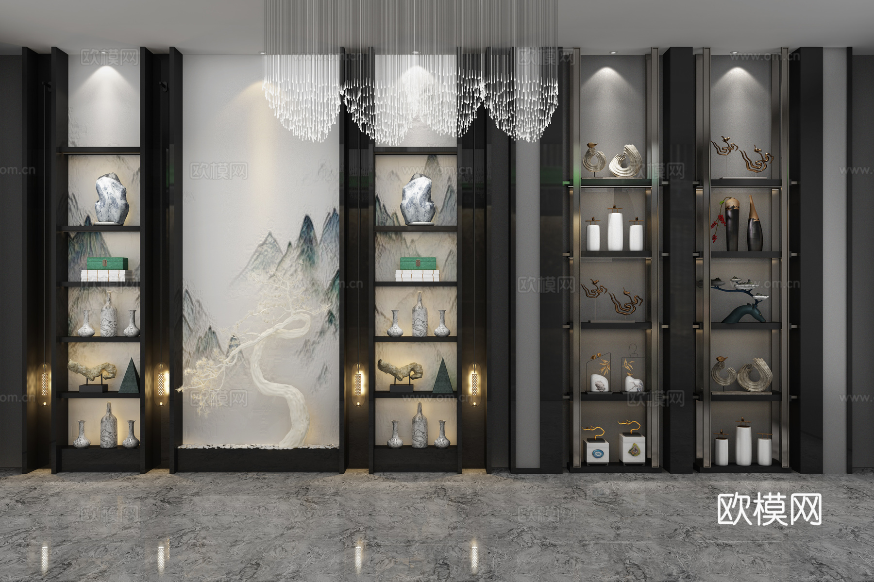 新中式书柜摆件组合3d模型下载（渲染图1）