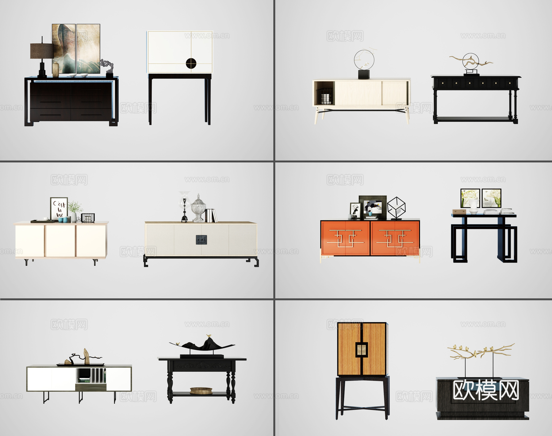 新中式玄关柜 装饰柜 边柜 电视柜组合3d模型下载（渲染图2）