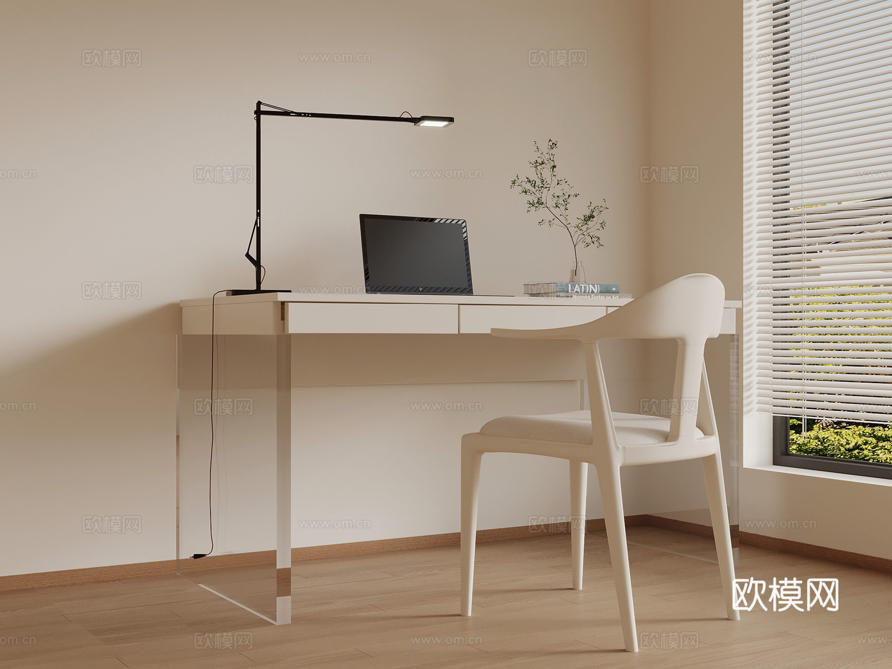 现代奶油风书桌椅3d模型