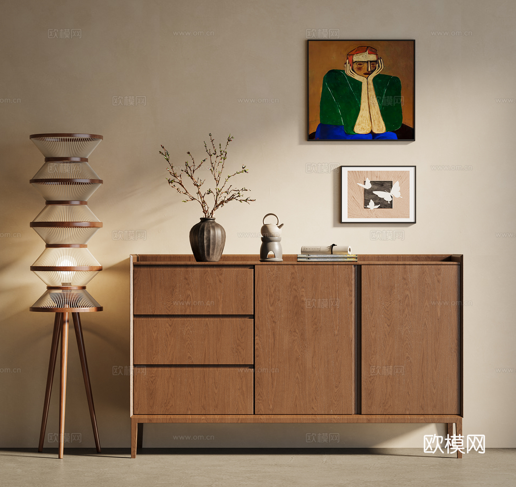 中古风玄关柜 边柜装饰柜 挂画落地灯 饰品摆件3d模型