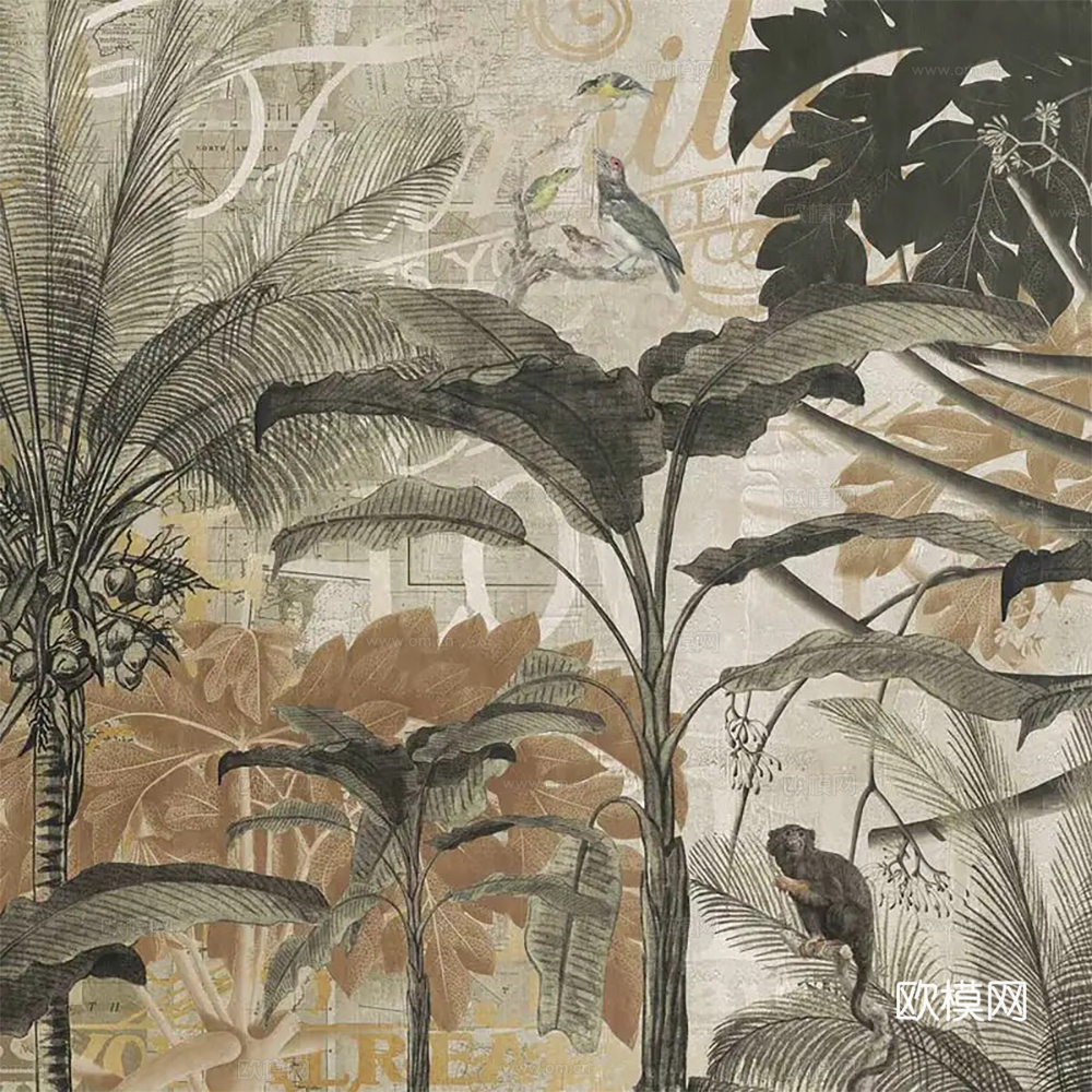 热带雨林印花壁纸_壁画_墙布贴图