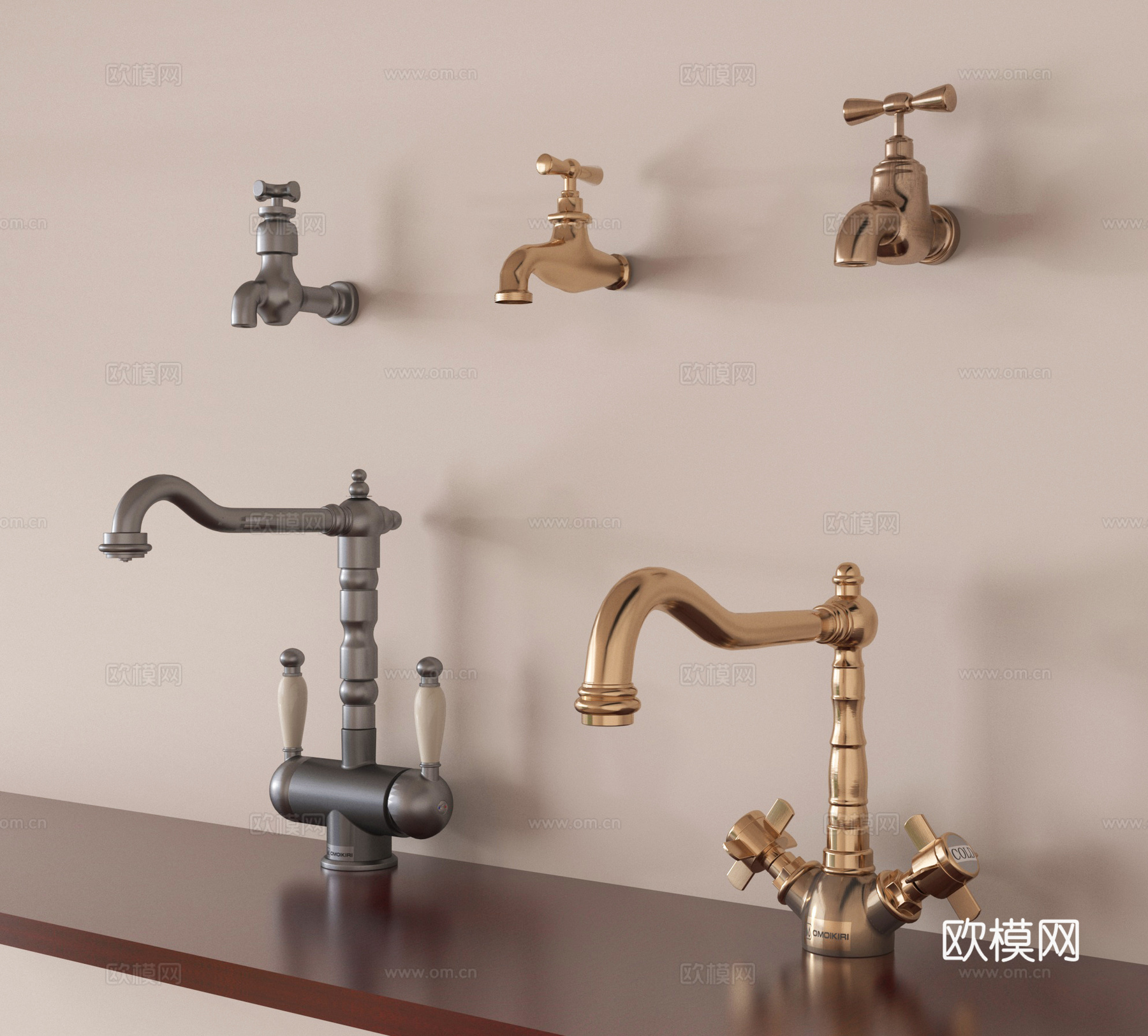 法式水龙头组合 不锈钢水龙头 墙出水龙头su模型