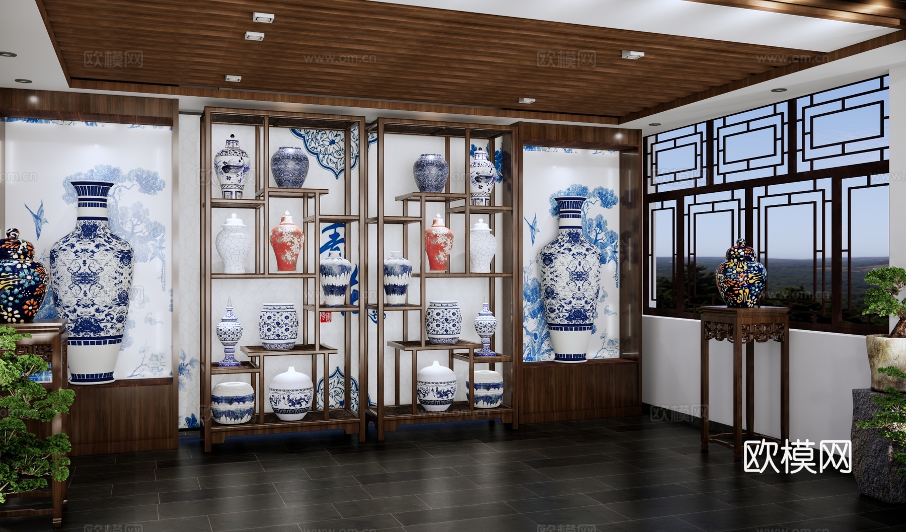 新中式青花瓷博物馆 陶瓷展厅 瓷器展览馆 古董店 古董收藏室su模型