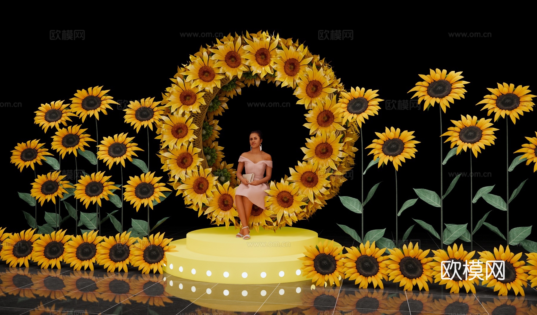 现代向日葵主题花艺美陈 网红打卡点 向日葵艺术装置 观景座椅su模型