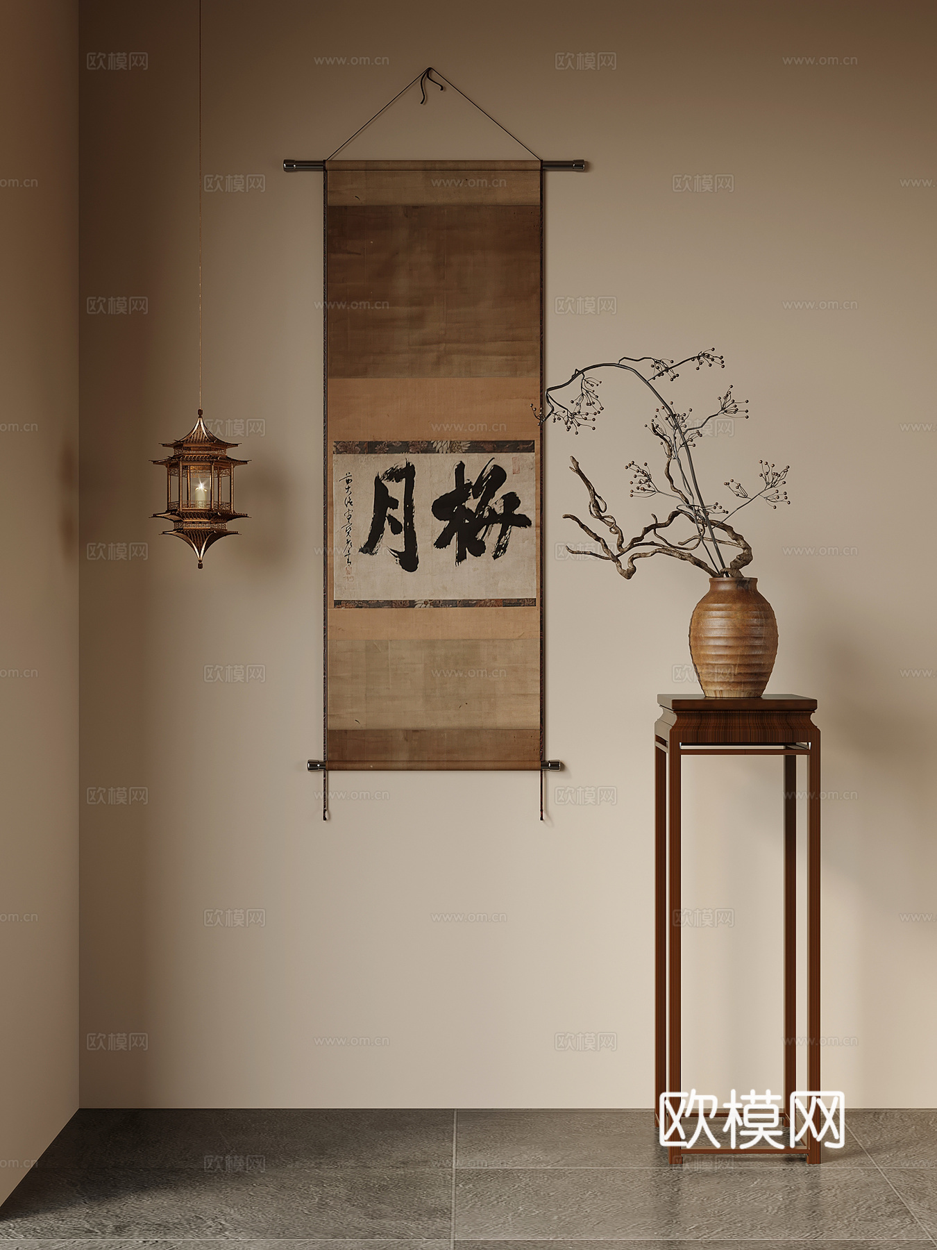 新中式花架 盆景 挂画 吊灯3d模型