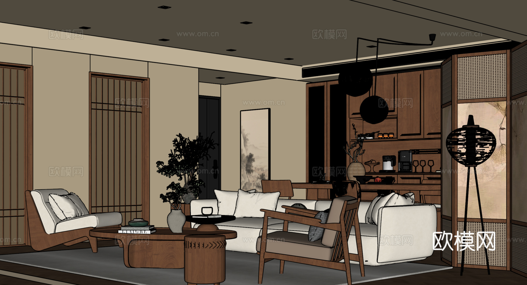 宋氏中古风客餐厅 沙发茶几组合 餐桌椅组合  饰品摆件 台灯su模型