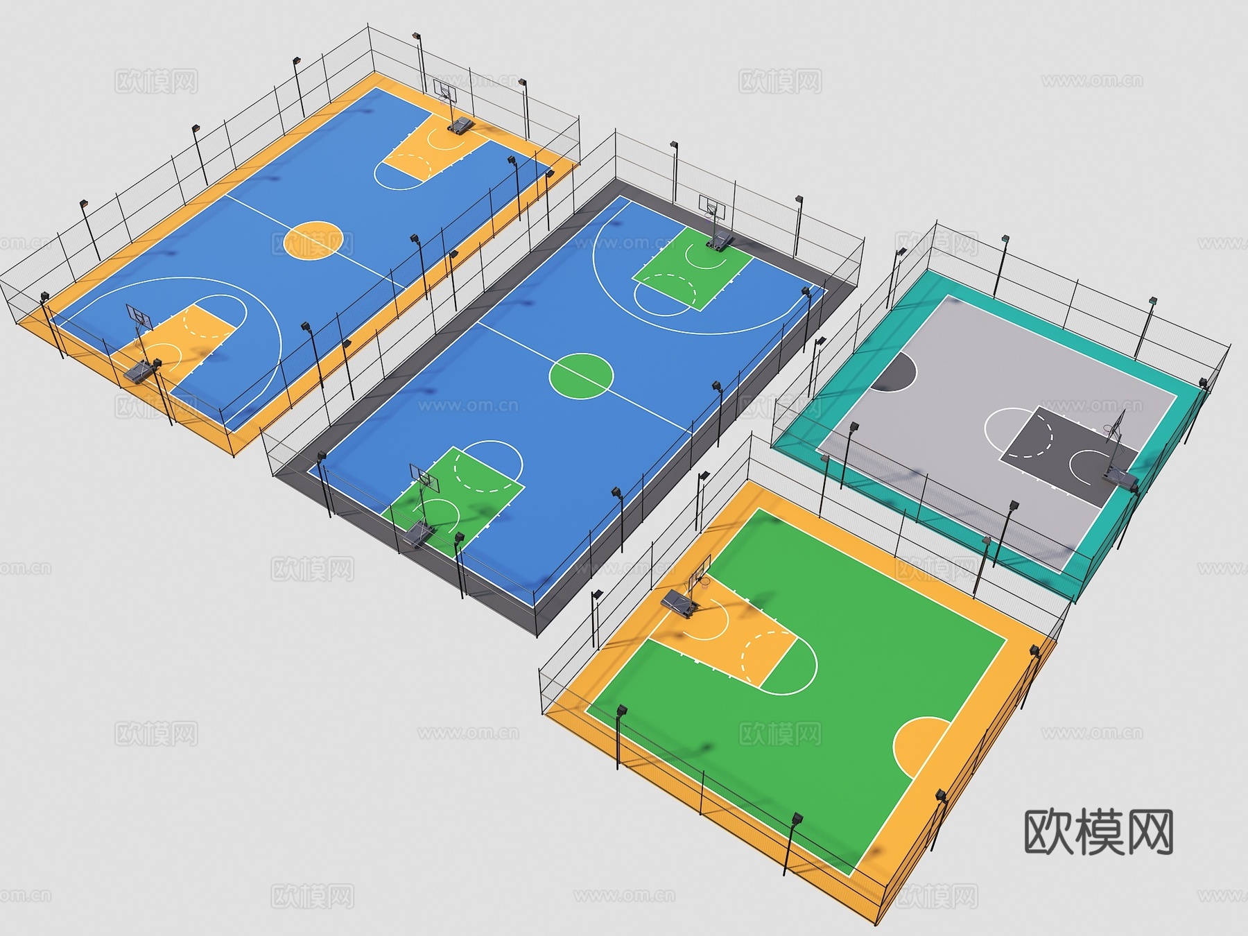 现代户外球场 篮球场 运动场地 球场灯 铁围 铁丝网围栏 铁3d模型