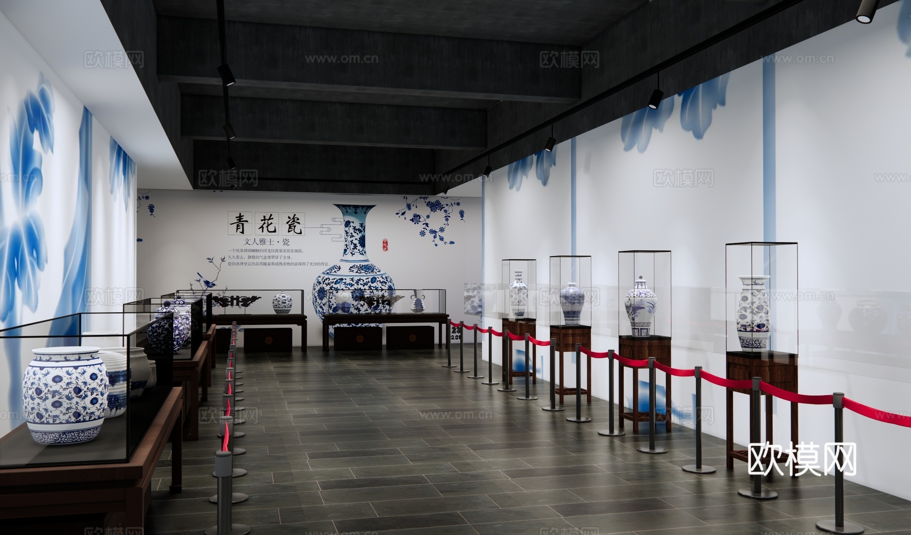 新中式青花瓷博物馆 陶瓷展厅 瓷器展览馆 古董店 古董收藏室su模型