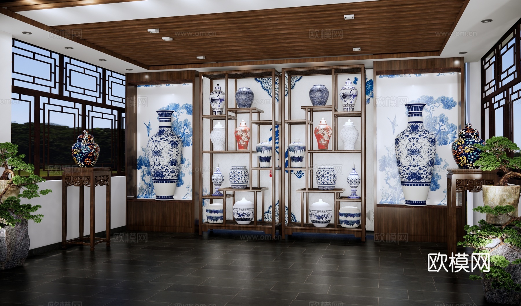 新中式青花瓷博物馆 陶瓷展厅 瓷器展览馆 古董店 古董收藏室su模型