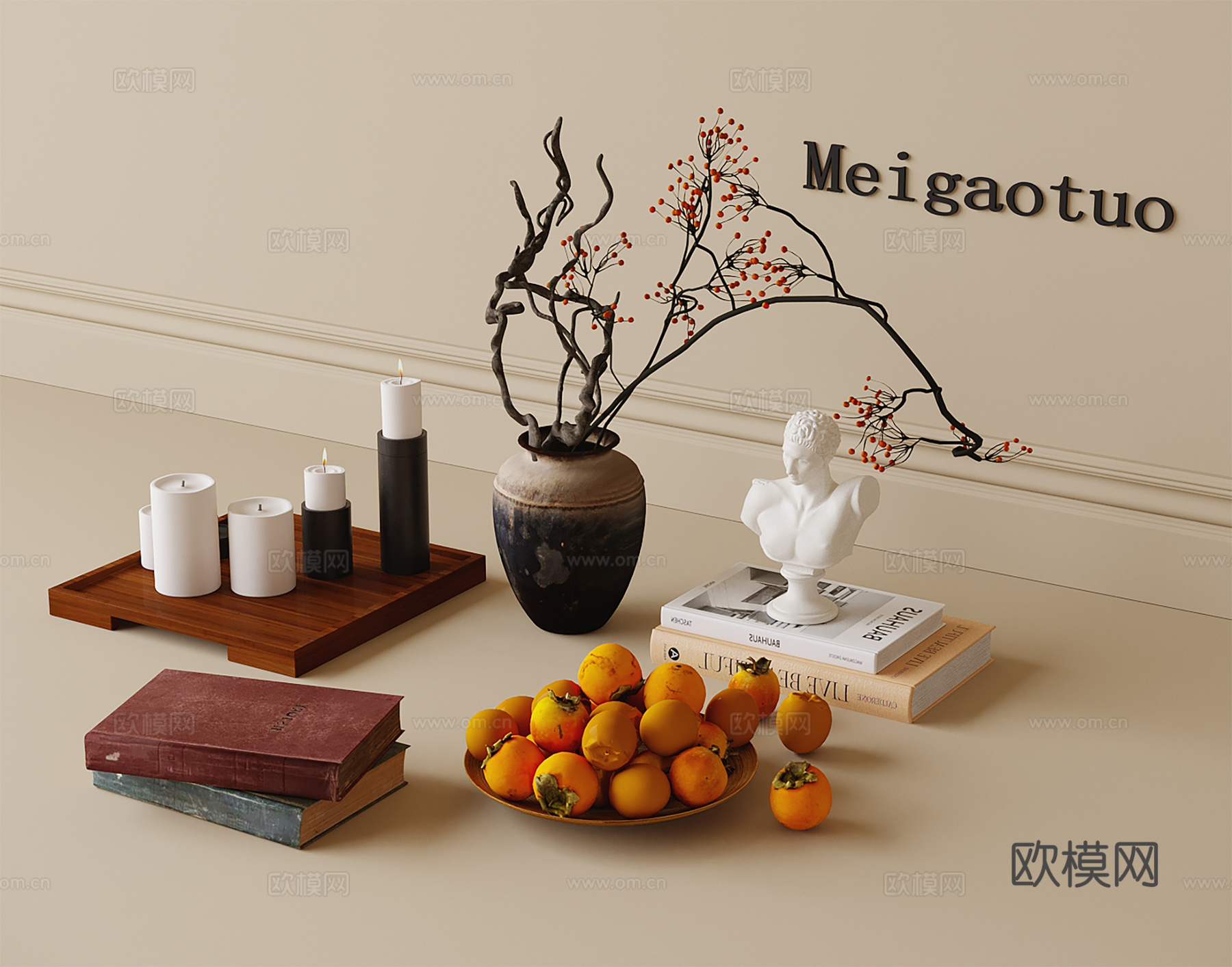 现代饰品摆件 书本 蜡烛 陶罐花瓶花艺 水果果盘su模型