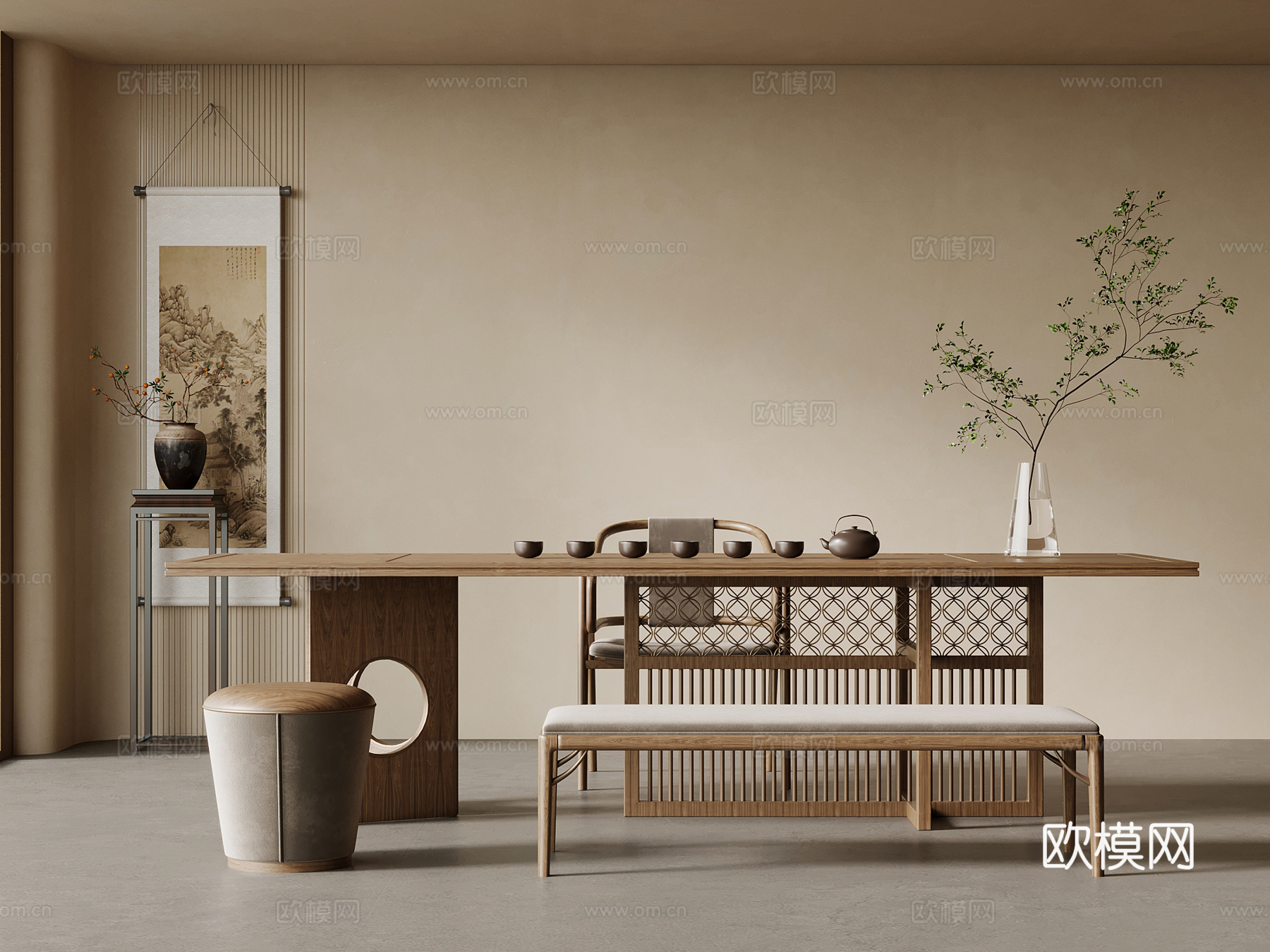 新中式茶桌椅组合 茶台 花架3d模型