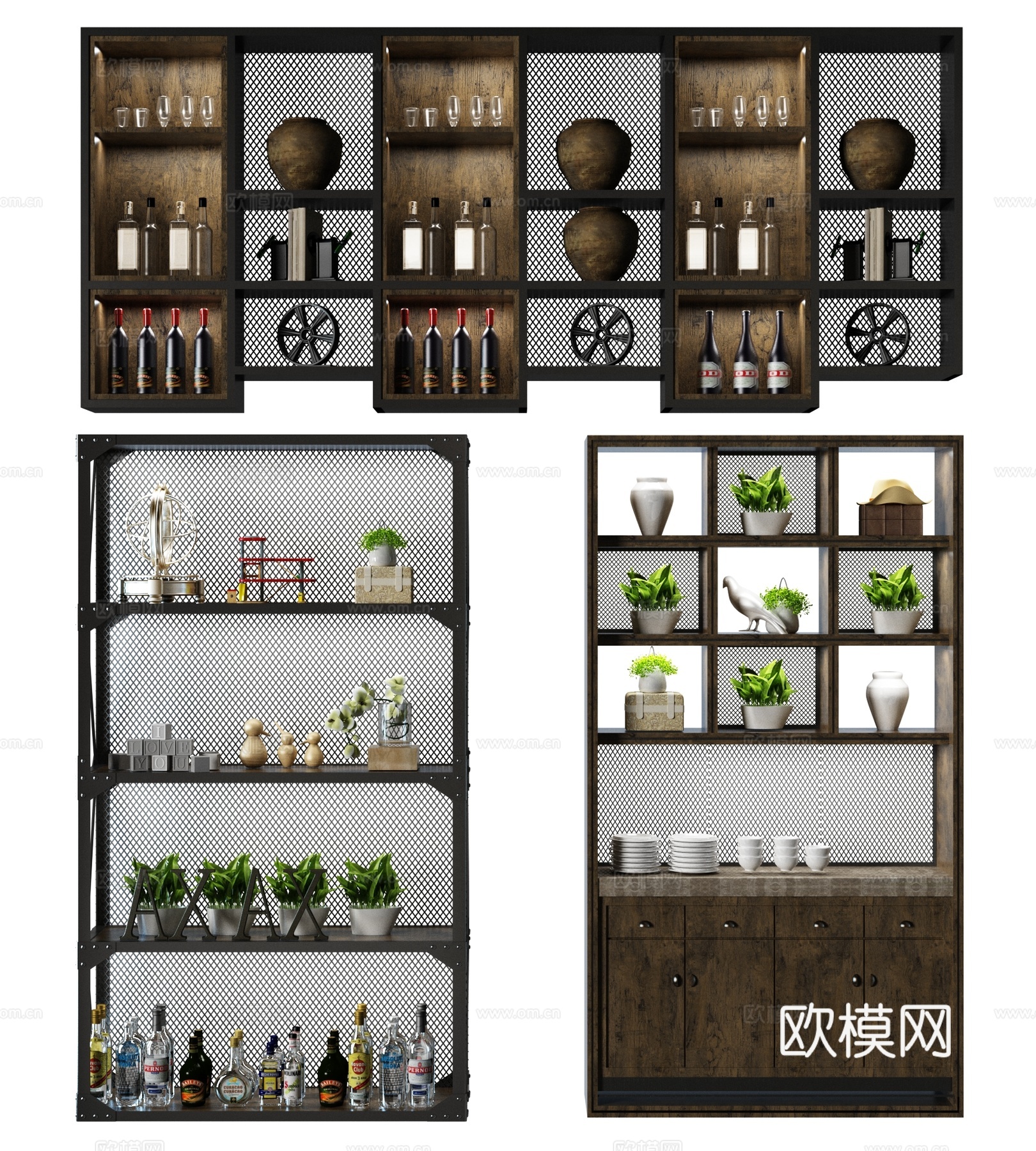 工业风装饰柜 边柜 酒柜 酒架 装饰架3d模型