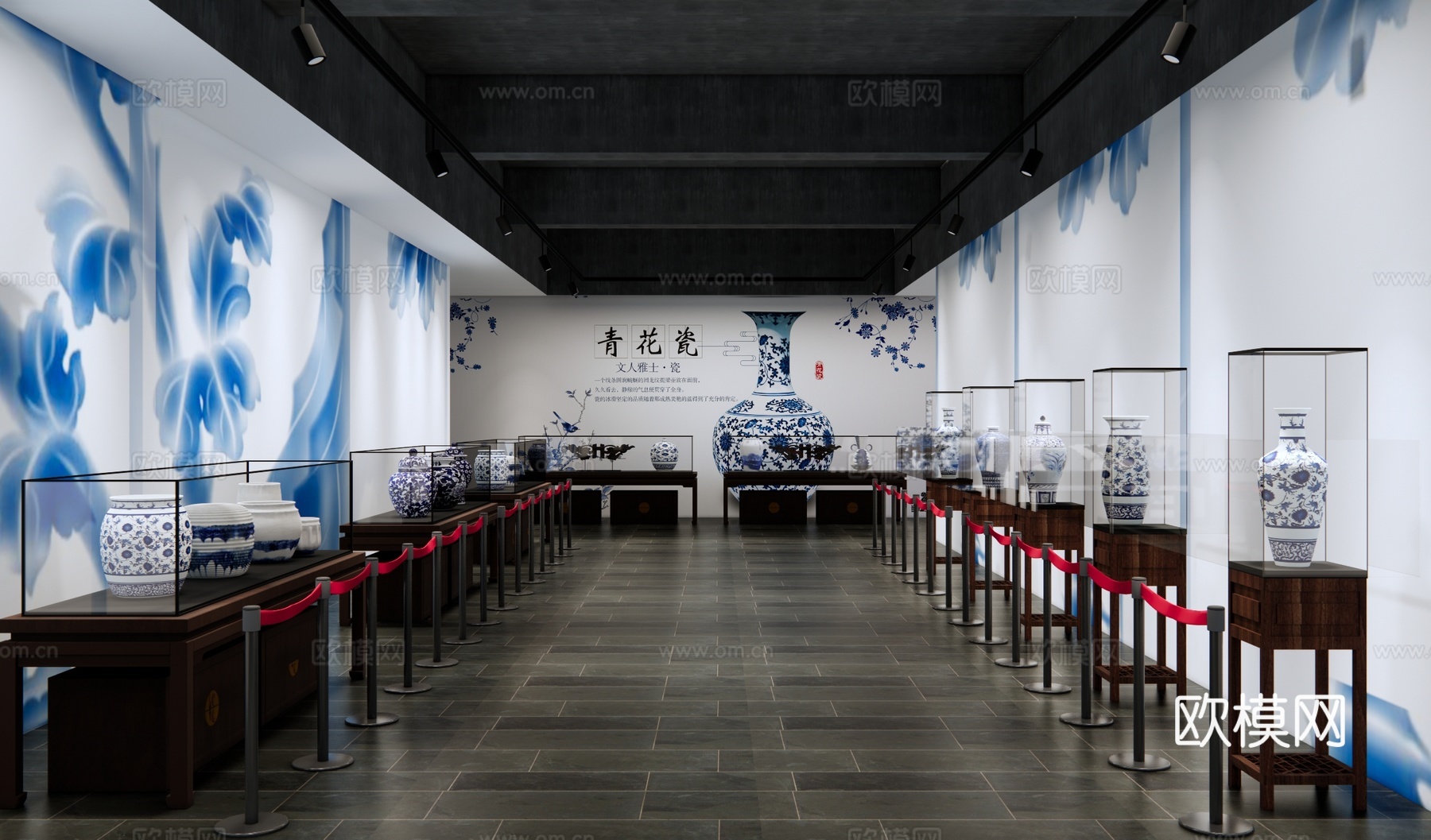 新中式青花瓷博物馆 陶瓷展厅 瓷器展览馆 古董店 古董收藏室su模型