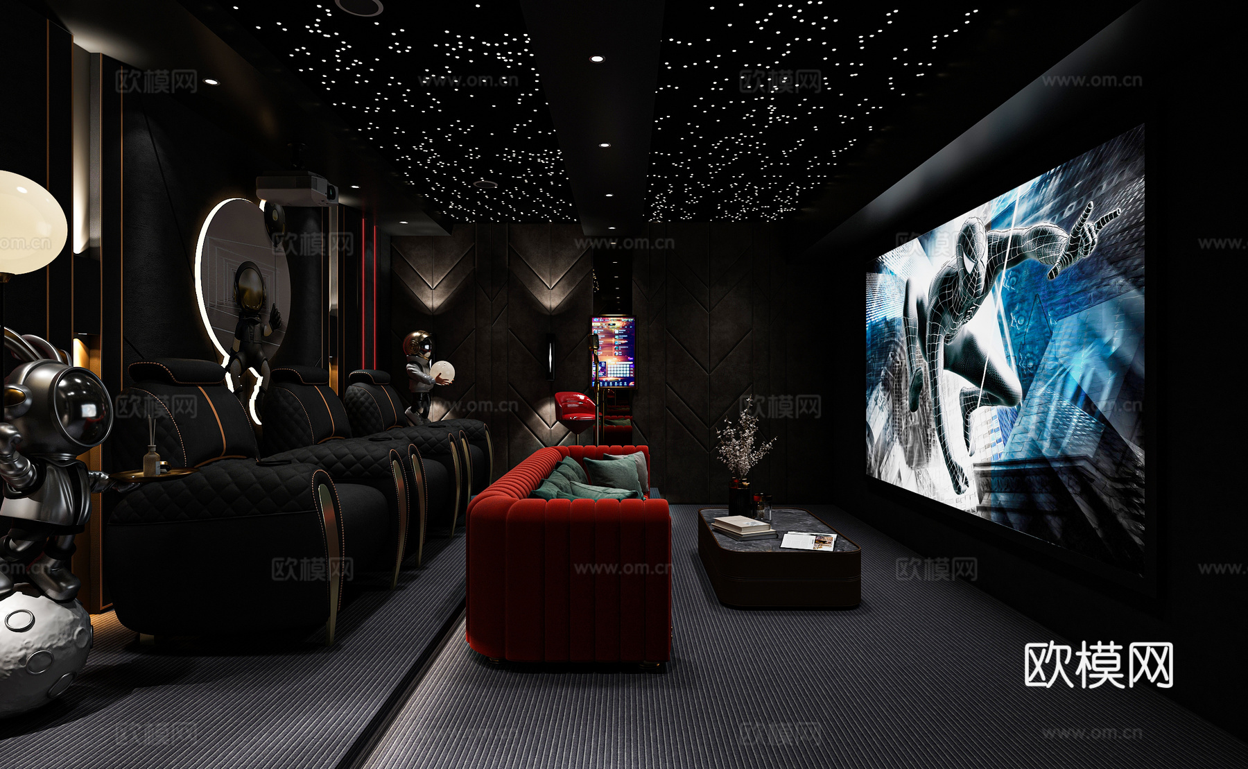 现代 影音室 暗黑 多人沙发 壁灯 摆件 挂件 挂画 星空顶3d模型