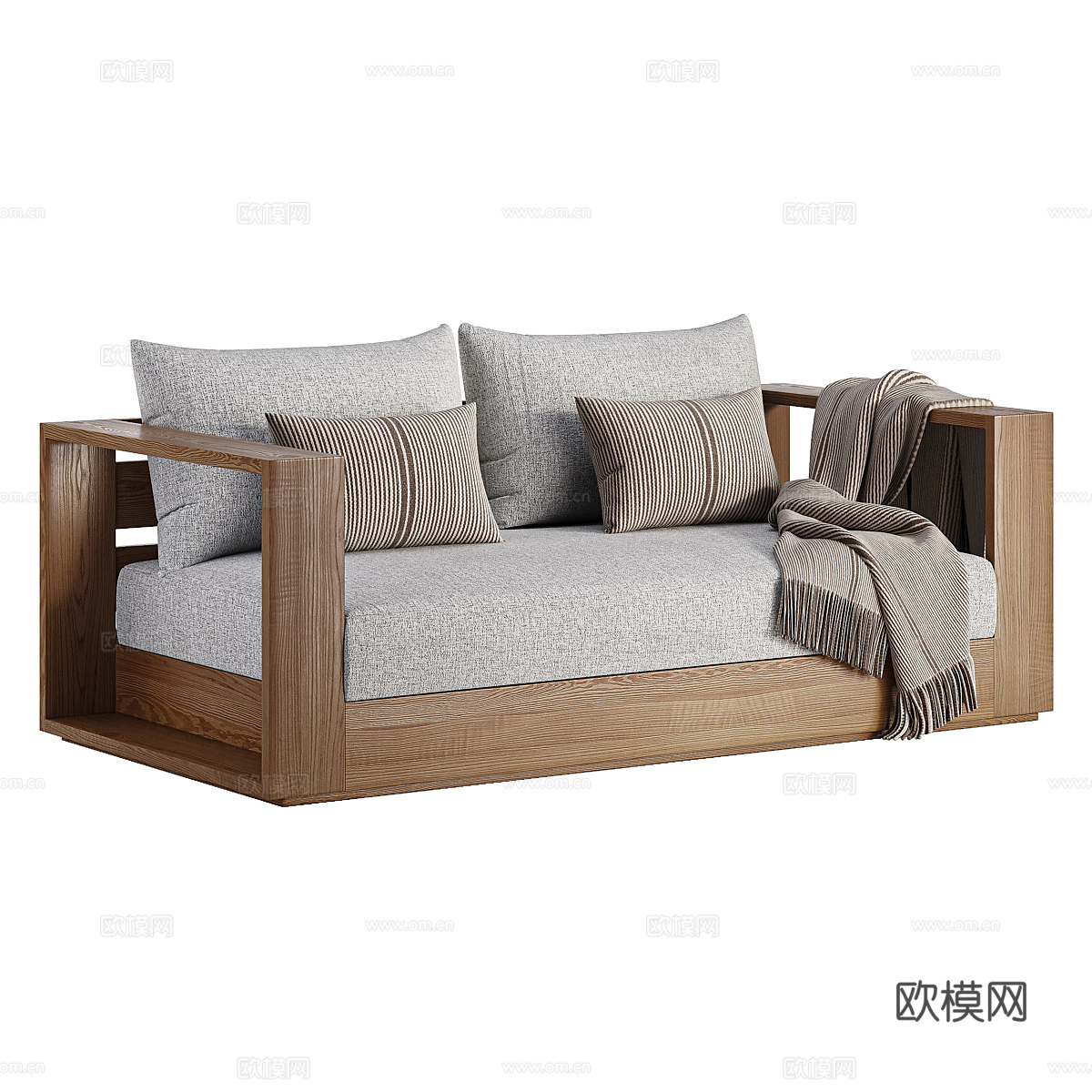 新中式布艺木质双人休闲沙发3d模型
