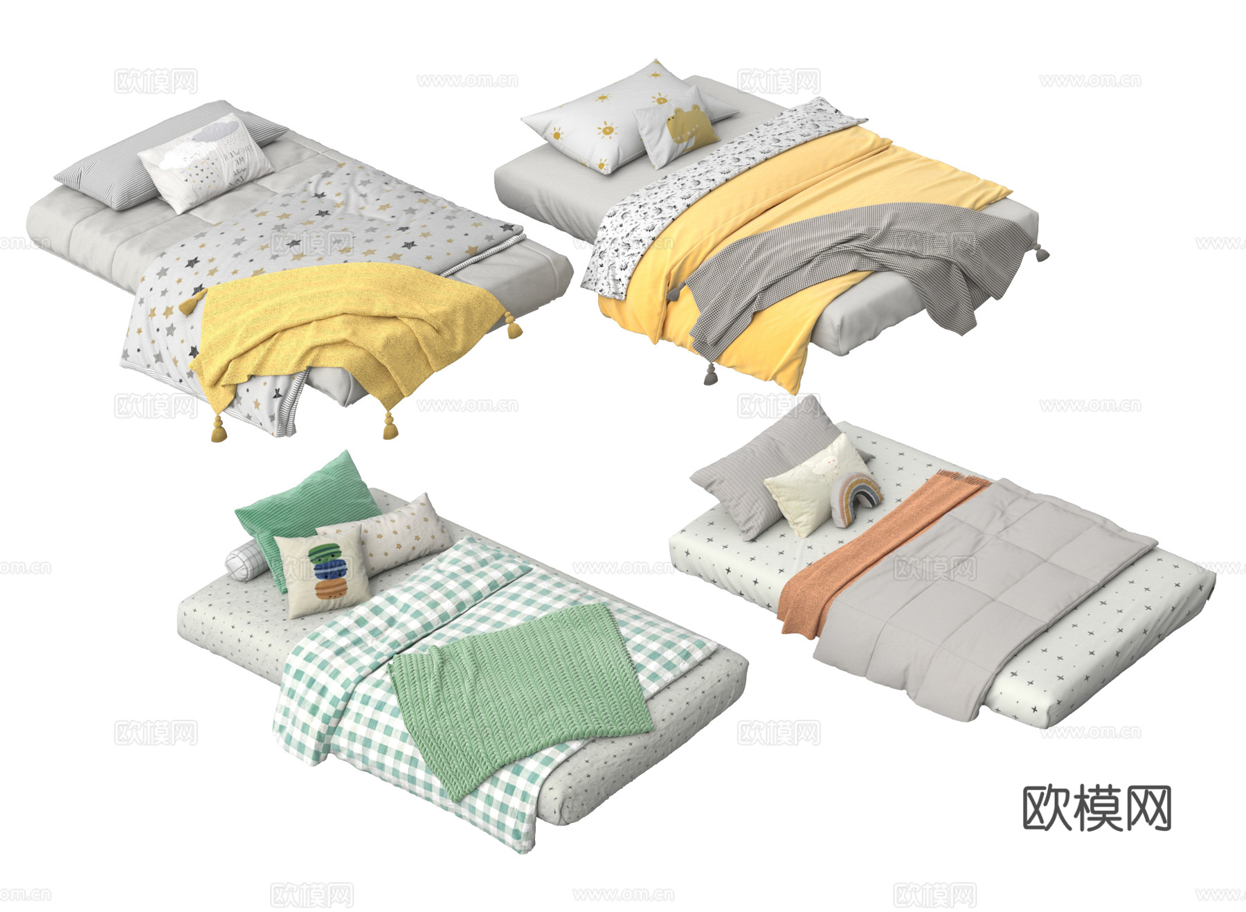 现代极简榻榻米床 厚床垫 床品 床具 单人床3d模型