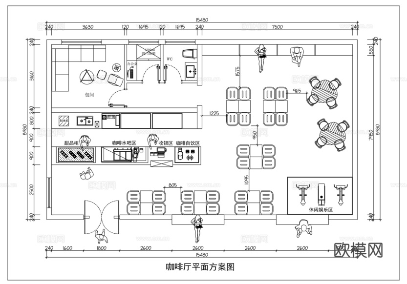 現(xiàn)代極簡咖啡廳平面布置圖cad施工圖下載