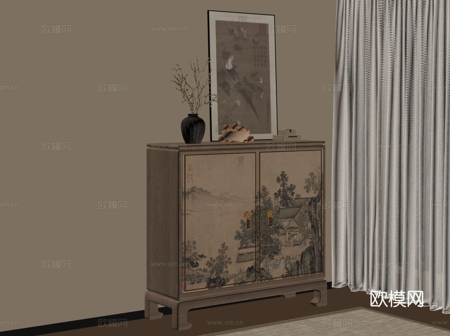 新中式玄关柜 宋氏风边柜su模型