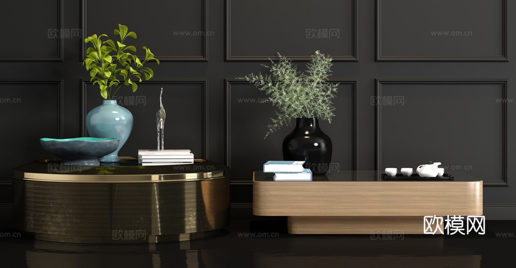 现代金属实木茶几 角几 饰品组合3d模型