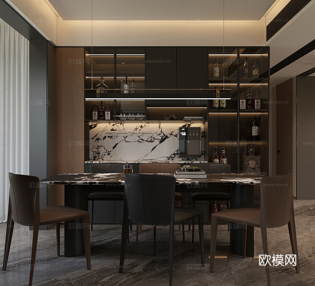輕奢意式家居餐廳 餐桌椅組合 大理石餐桌 長桌餐廳 餐邊柜3d模型下載