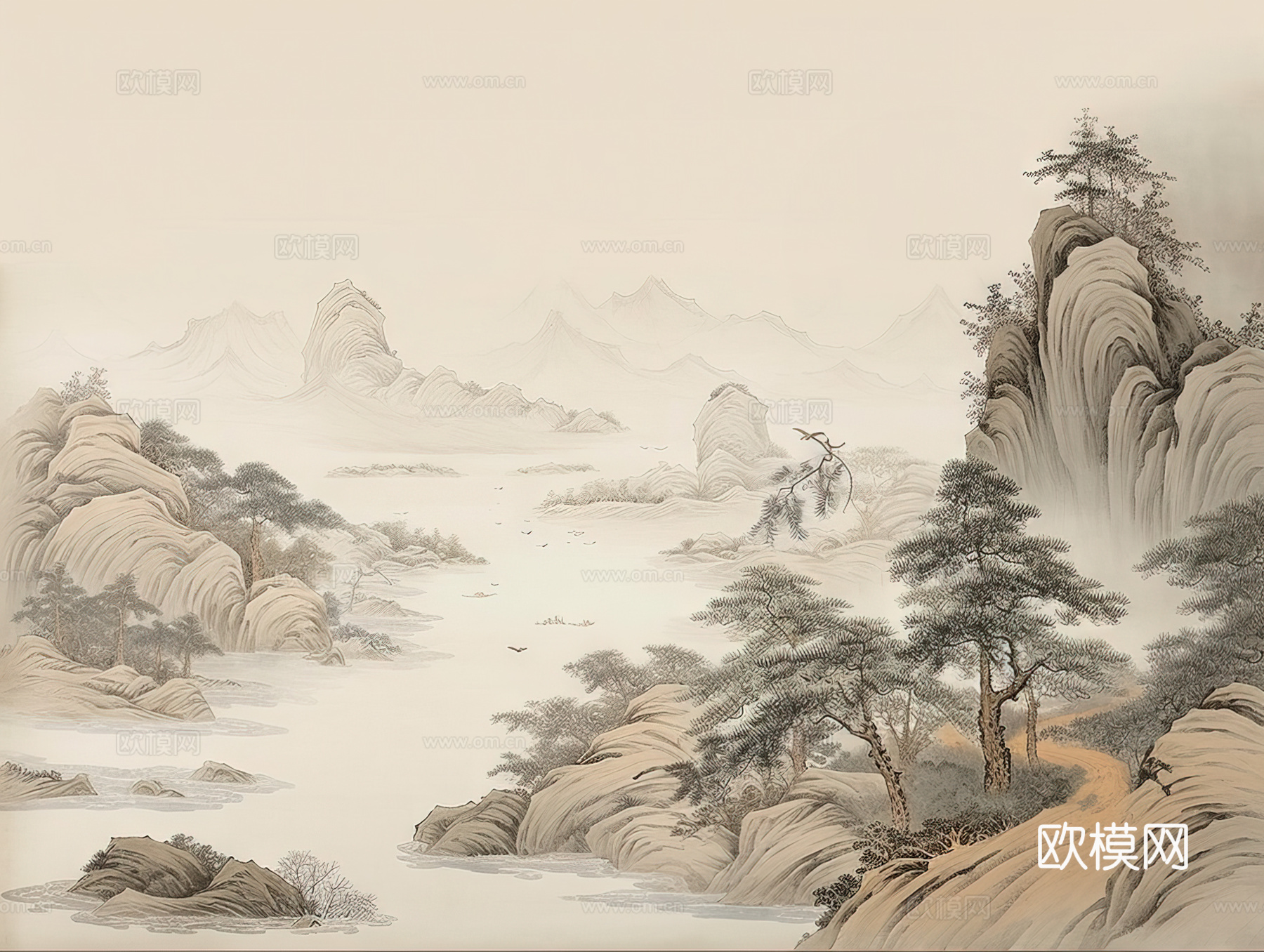 新中式中式壁画_中式新中式壁纸_山水壁画