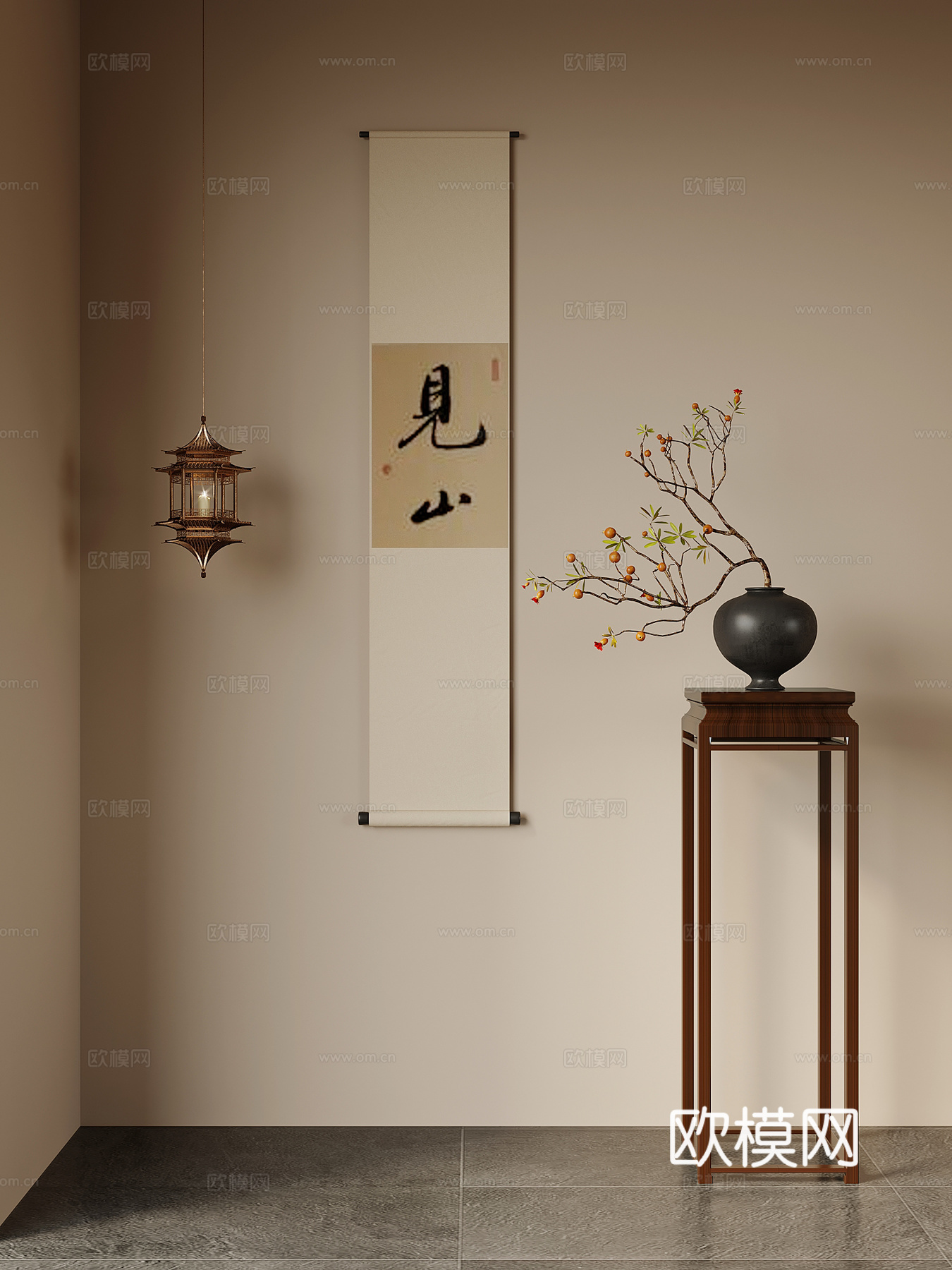 新中式花架 盆景 挂画 吊灯3d模型