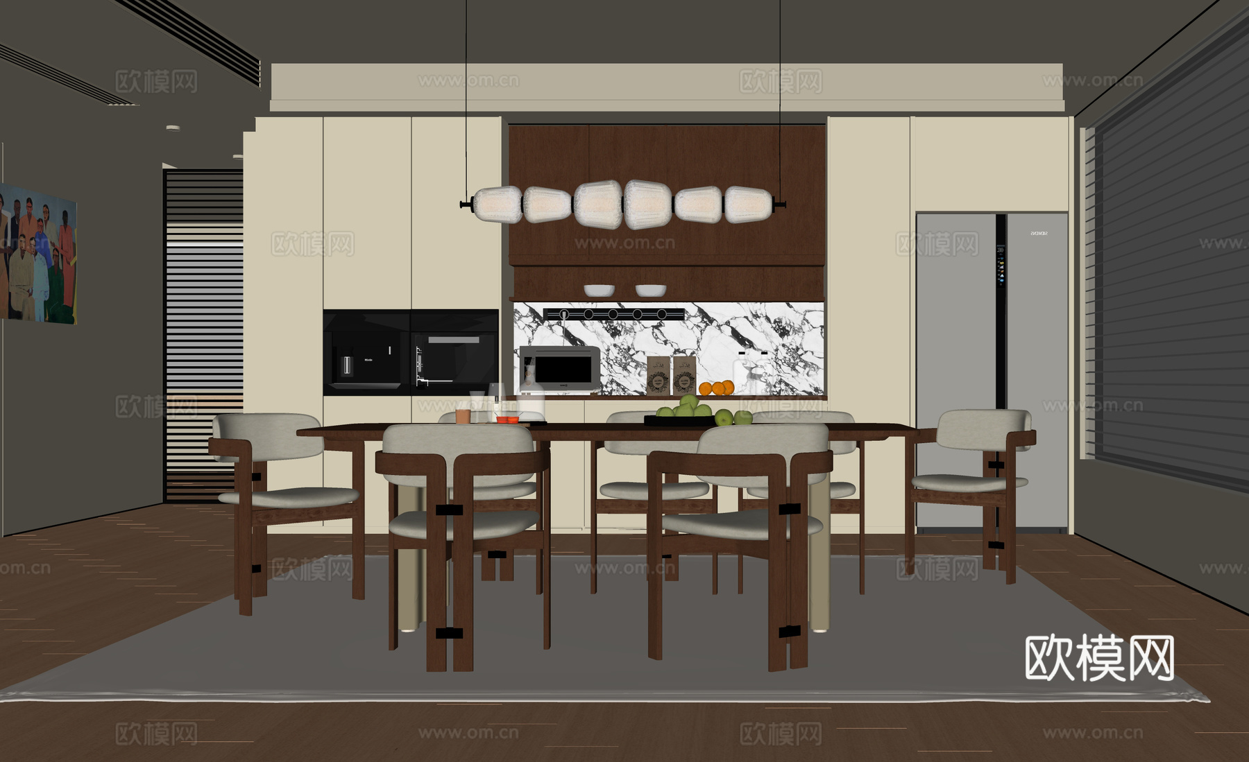 现代餐厅 餐桌椅 酒柜 餐边柜 冰箱柜 床头吊灯su模型