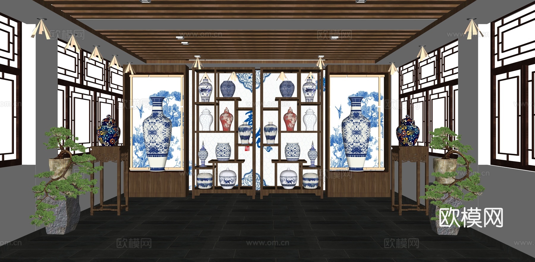 新中式青花瓷博物馆 陶瓷展厅 瓷器展览馆 古董店 古董收藏室su模型