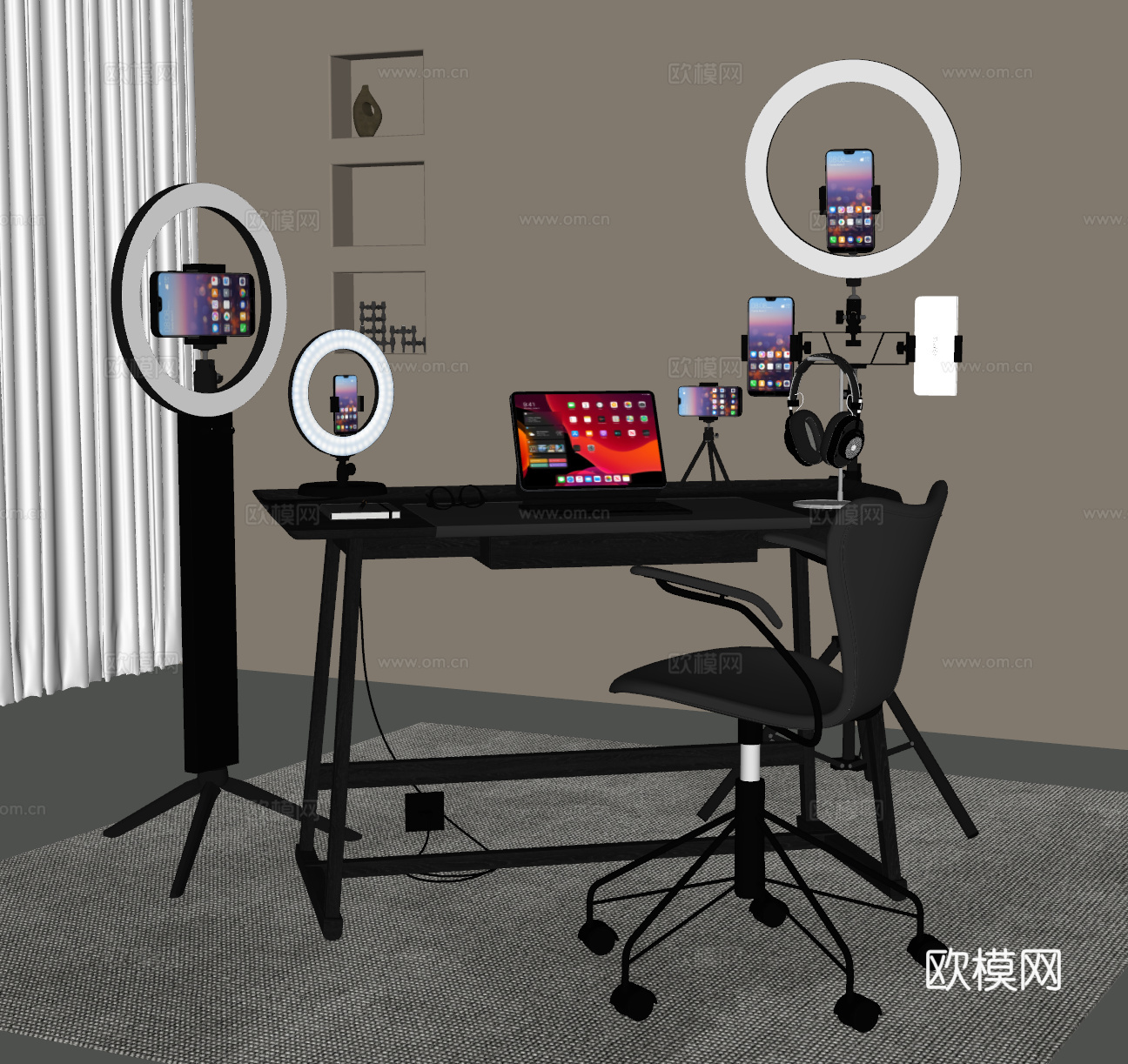 现代直播桌椅 直播设备 打光器 手机托su模型